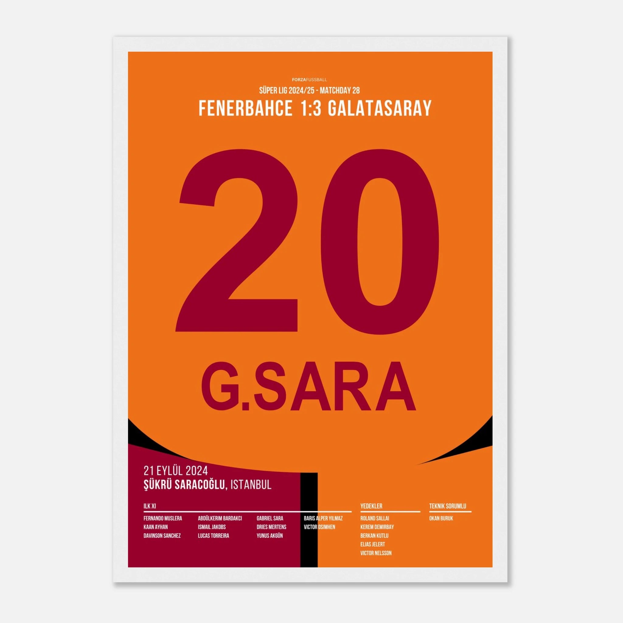Gabriel Sara trifft zum Derbysieg für Galatasaray Fußball Poster mit Rahmen