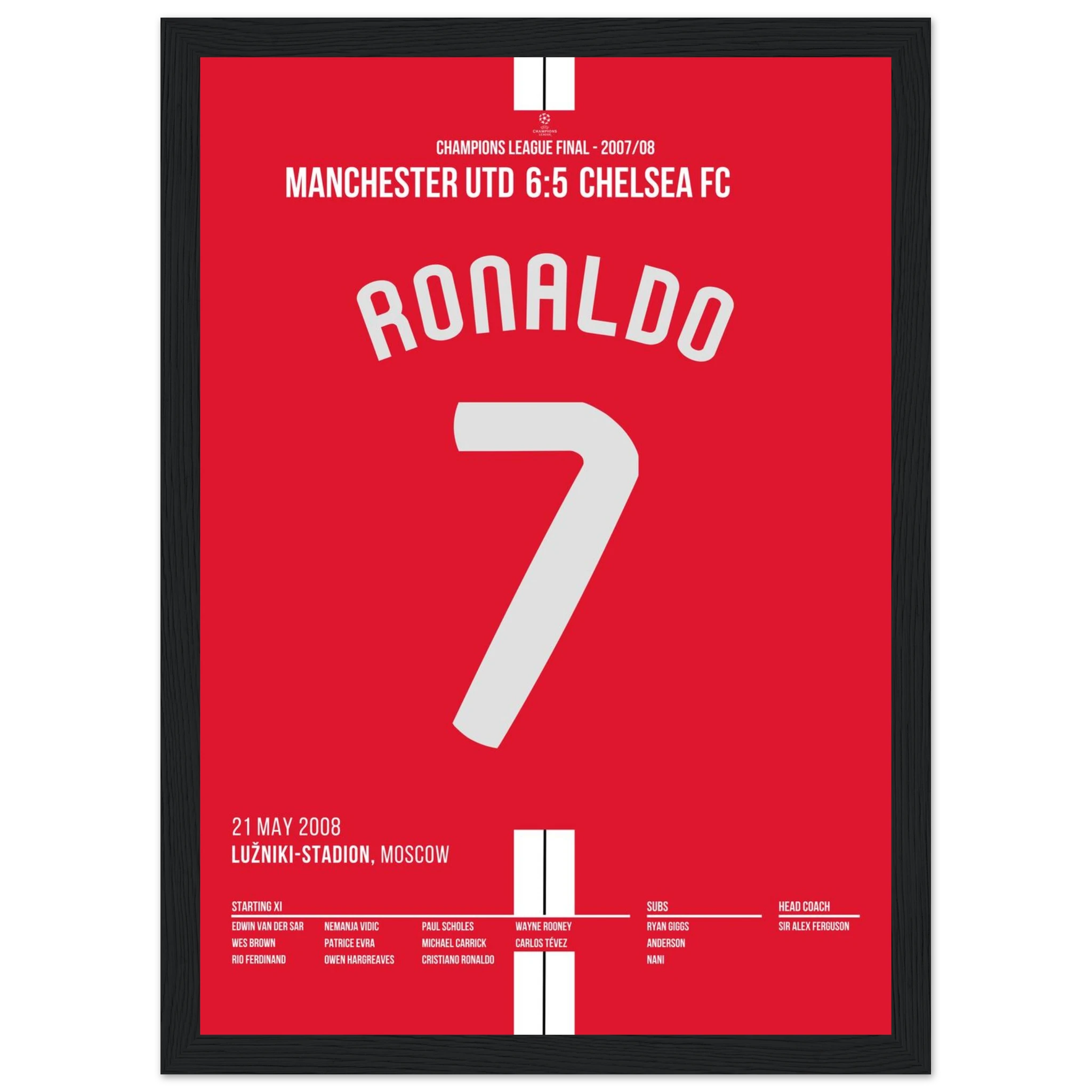 Ronaldo köpft Man United Richtung CL Titel gegen Chelsea Fußball Poster mit Rahmen