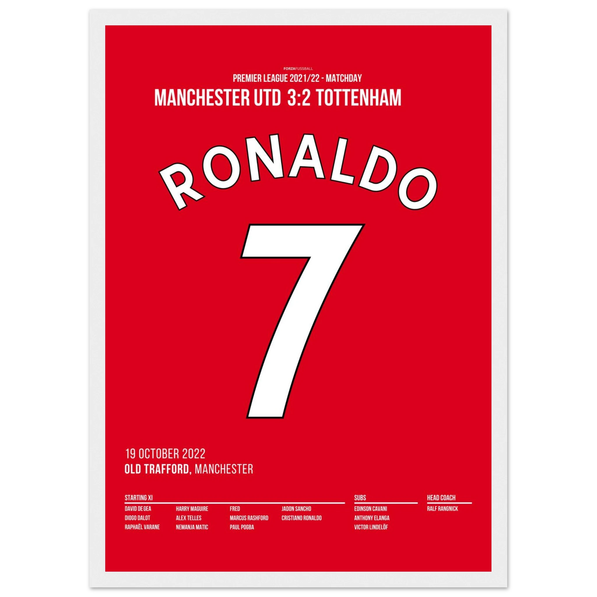 Ronaldo rettet ManU per Hattrick gegen Tottenham Fußball Poster mit Rahmen