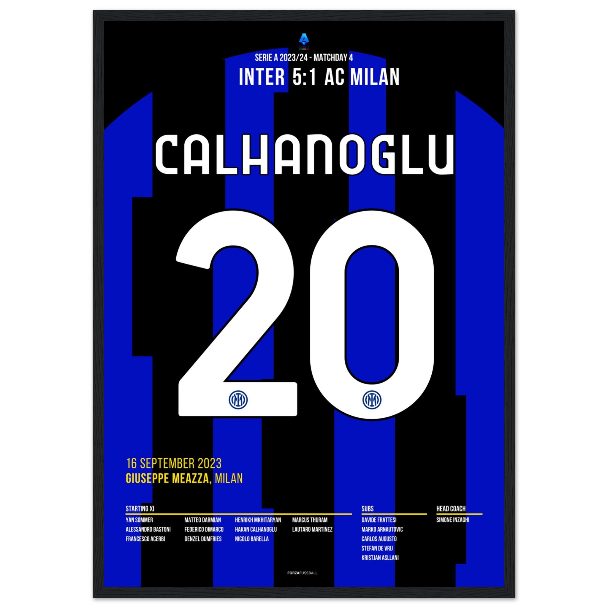 Hakan Calhanoglu trifft gegen seinen Ex Club im Derby Fußball Poster mit Rahmen