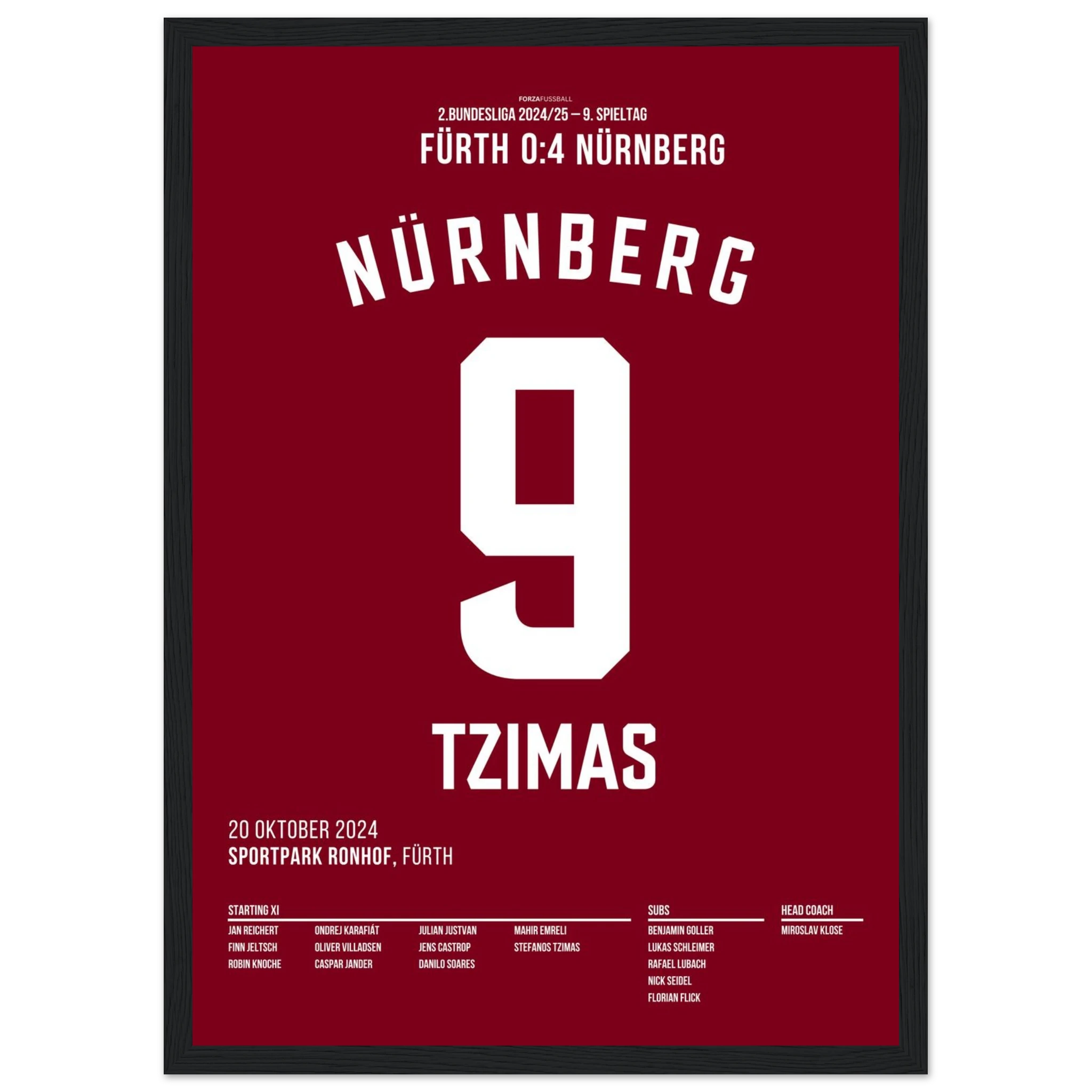 Derbyheld Tzimas – Doppelpack beim 4:0 in Fürth Fußball Poster mit Rahmen