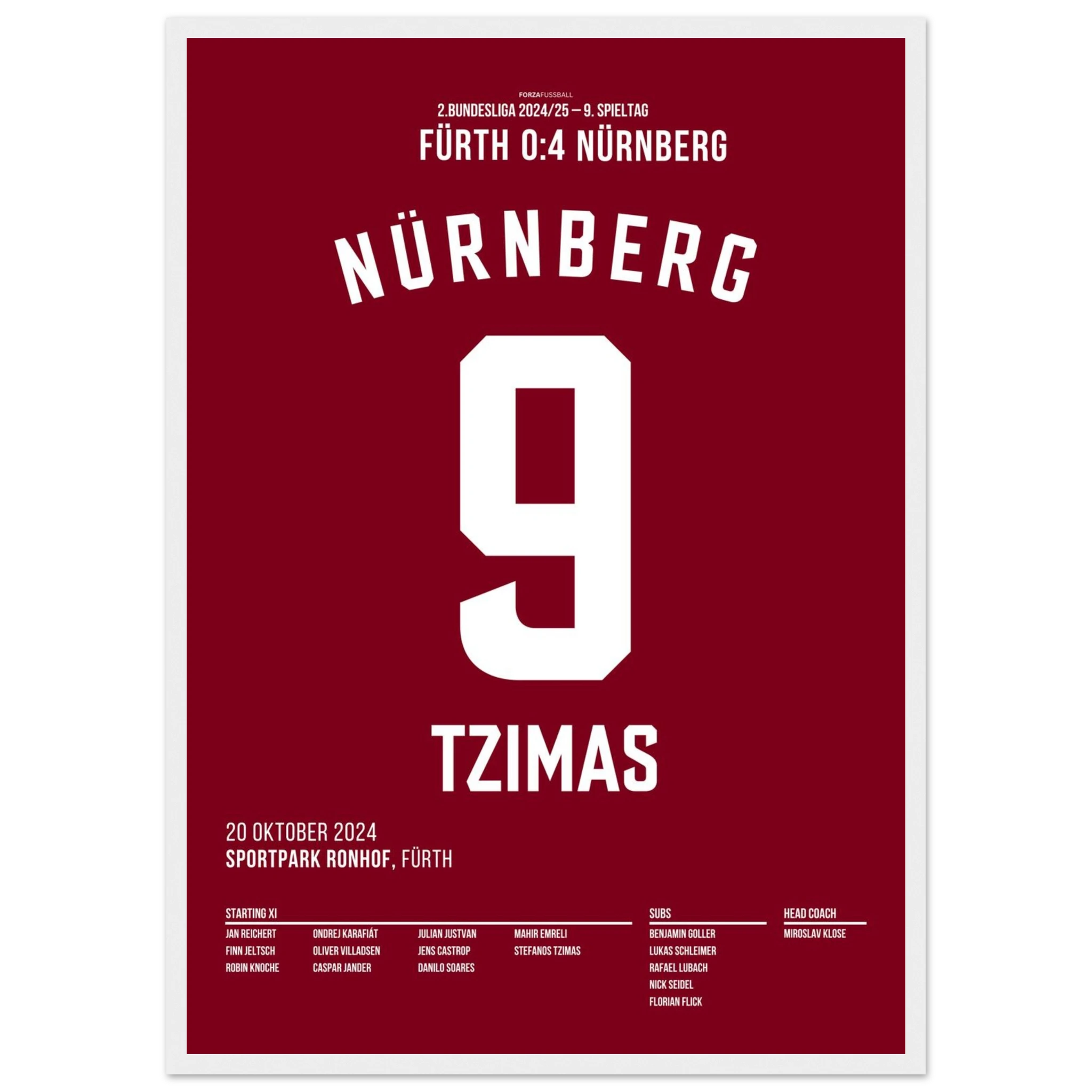 Derbyheld Tzimas – Doppelpack beim 4:0 in Fürth Fußball Poster mit Rahmen