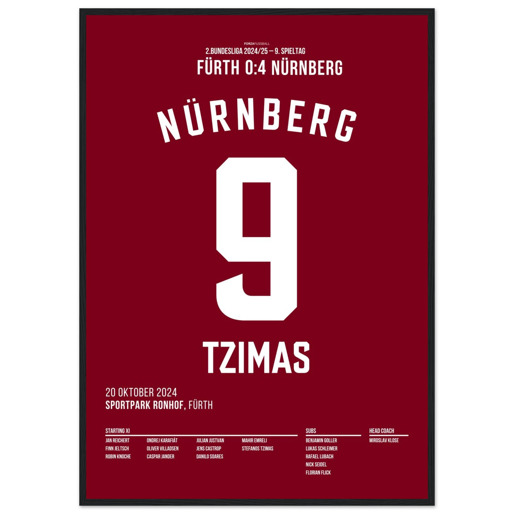 Derbyheld Tzimas – Doppelpack beim 4:0 in Fürth Fußball Poster mit Rahmen