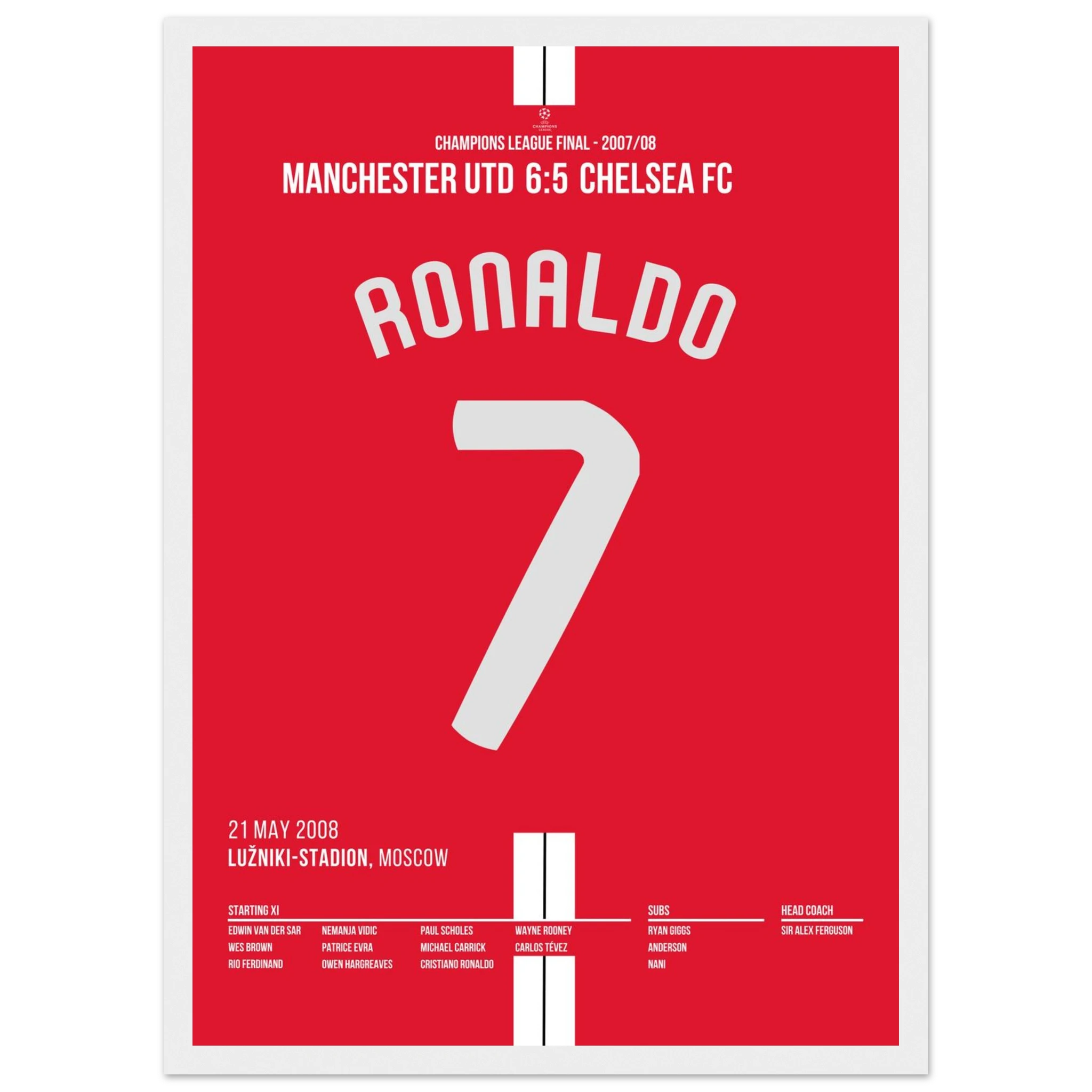 Ronaldo köpft Man United Richtung CL Titel gegen Chelsea Fußball Poster mit Rahmen