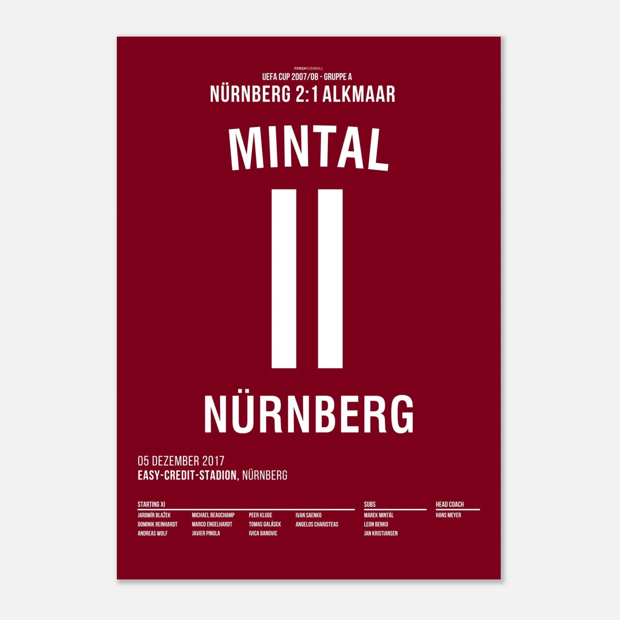 Marek Mintal dreht das UEFA Cup Spiel gegen Alkmaar 2007 Fußball Poster mit Rahmen