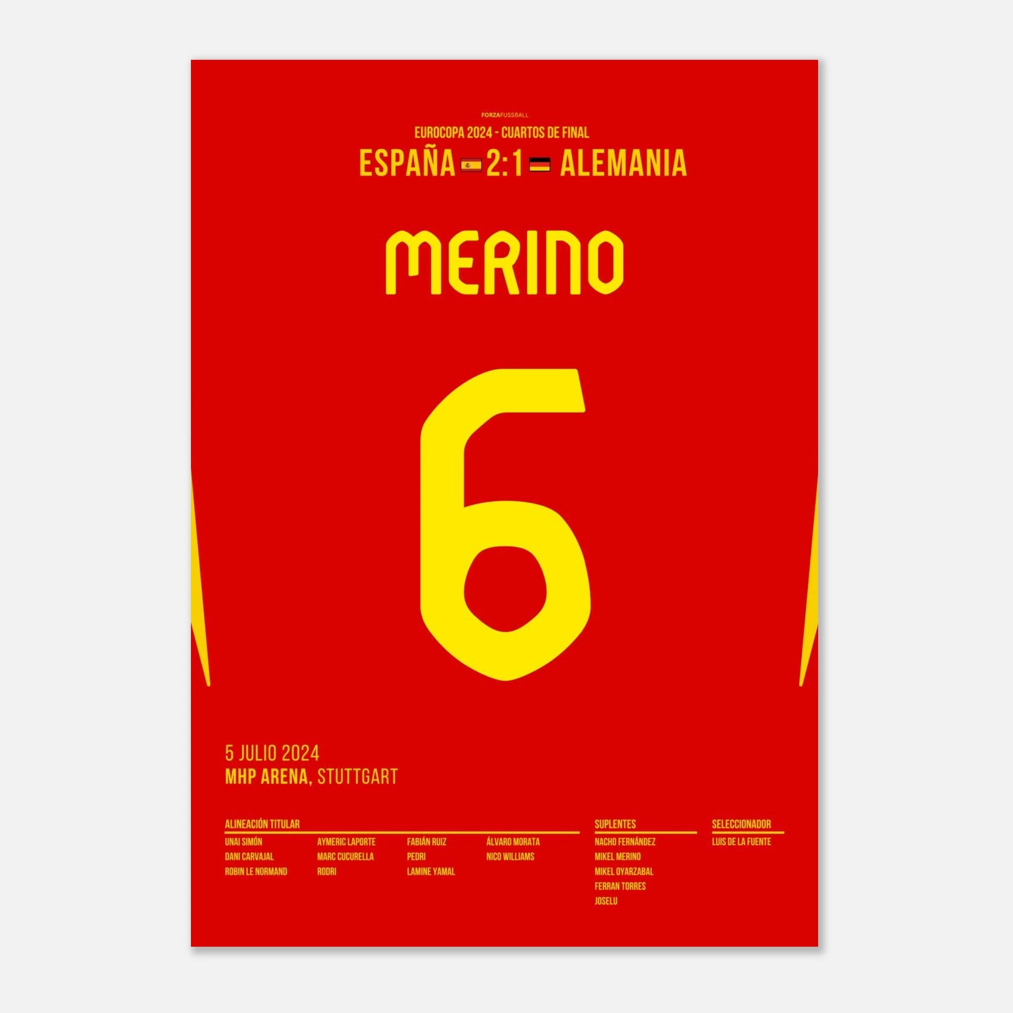 Merino köpft Spanien in letzter Minute zum Sieg gegen Deutschland Fußball Poster mit Rahmen