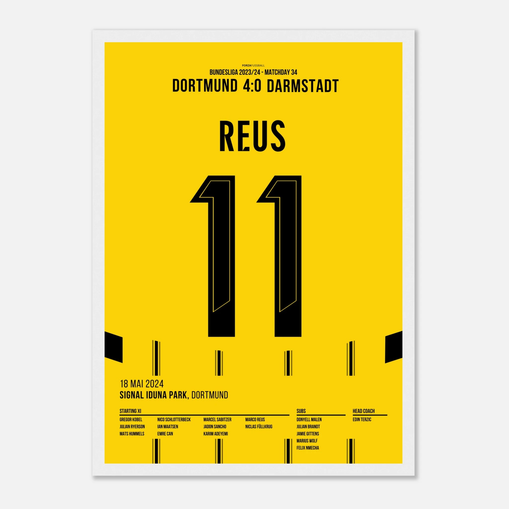 Marco Reus trifft per Freistoß im letzten Heimspiel für den BVB Fußball Poster mit Rahmen