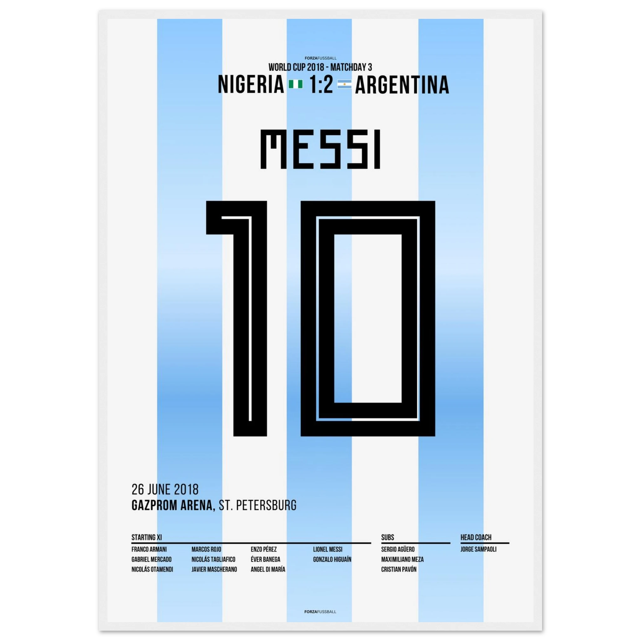 Messi'Traumtor zum Sieg gegen Nigeria bei der WM 2018 Fußball Poster mit Rahmen