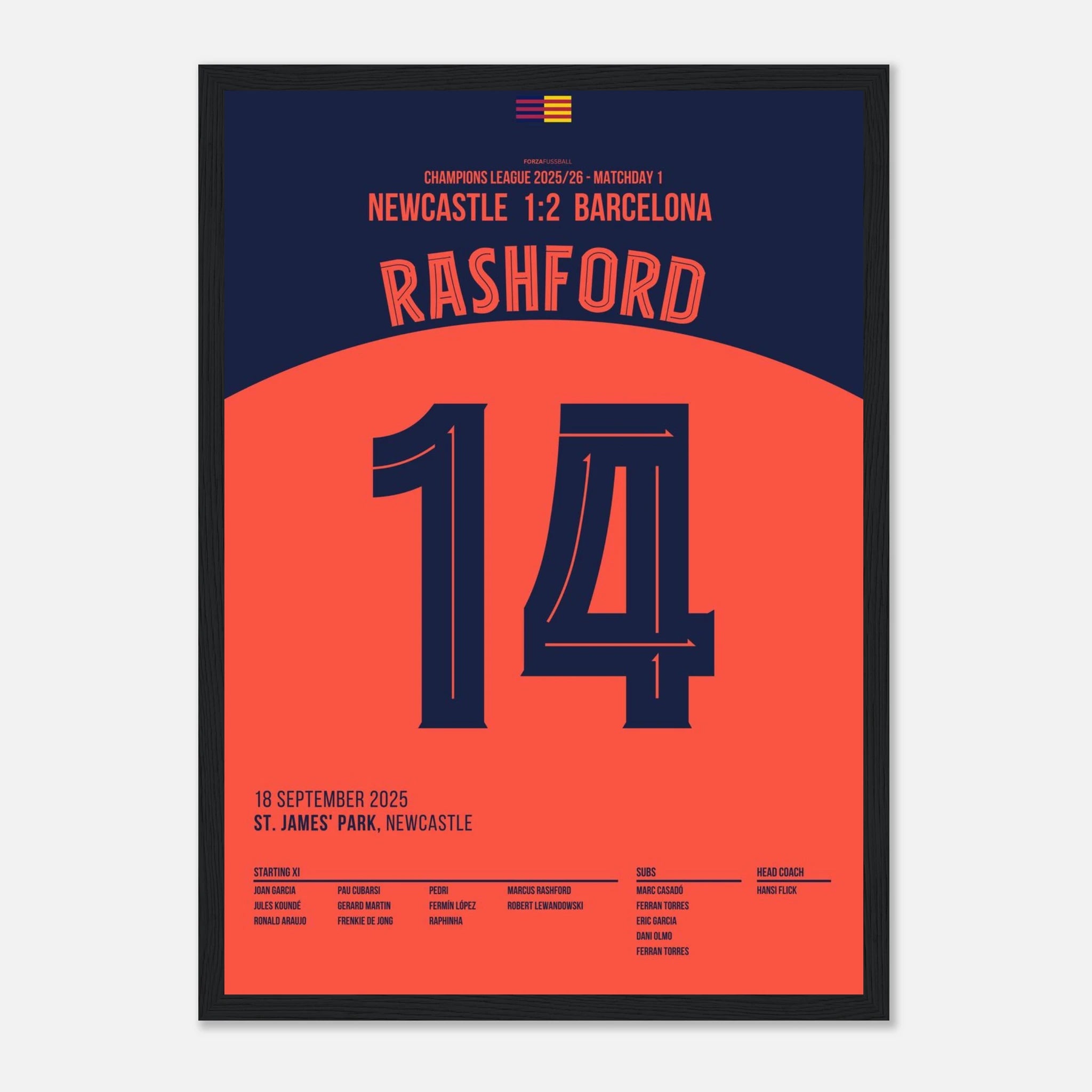 Rashford führt Barca mit Traumtor zum Sieg in Newcastle Fußball Poster mit Rahmen