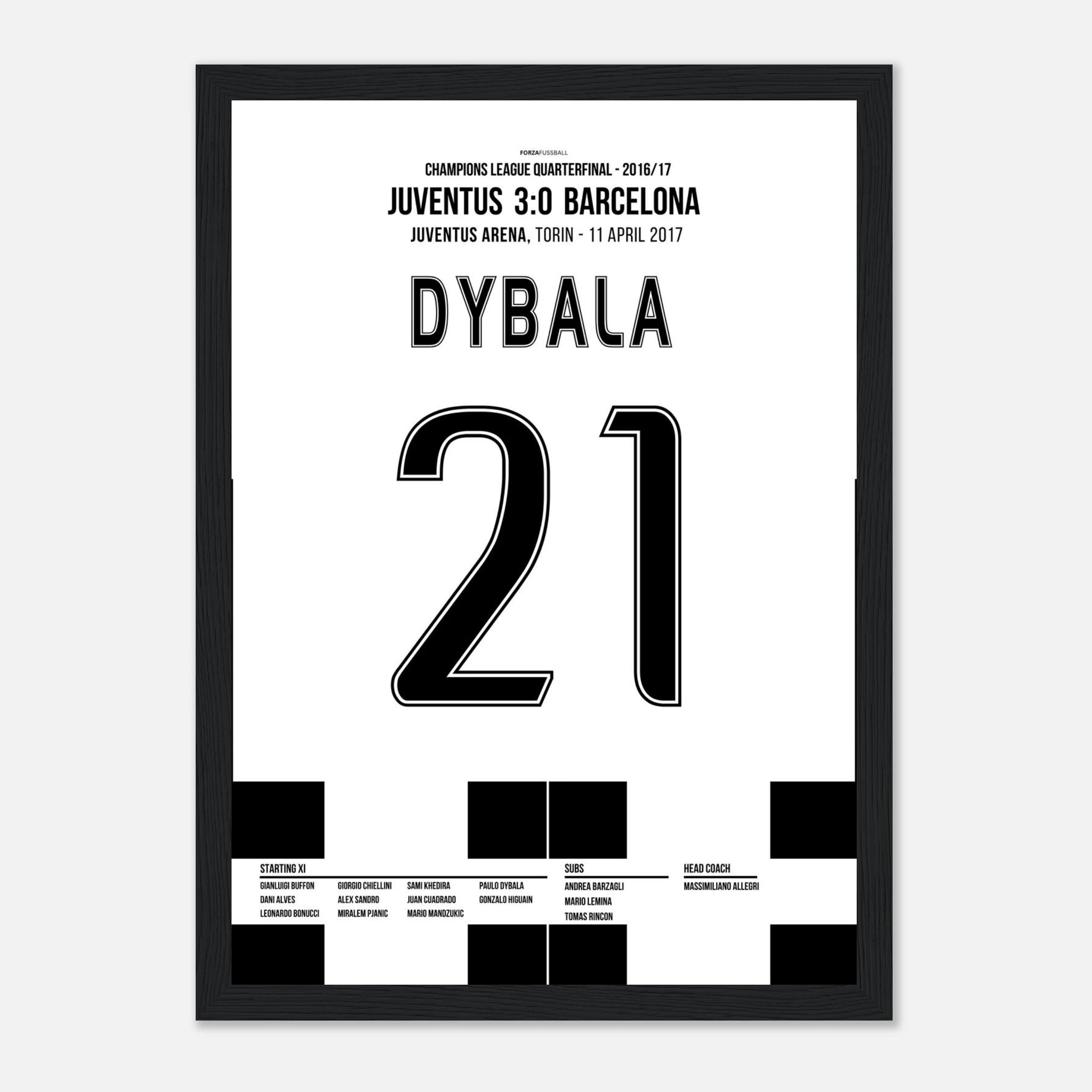Paulo Dybala schaltet Barca mit 2 Toren aus Fußball Poster mit Rahmen