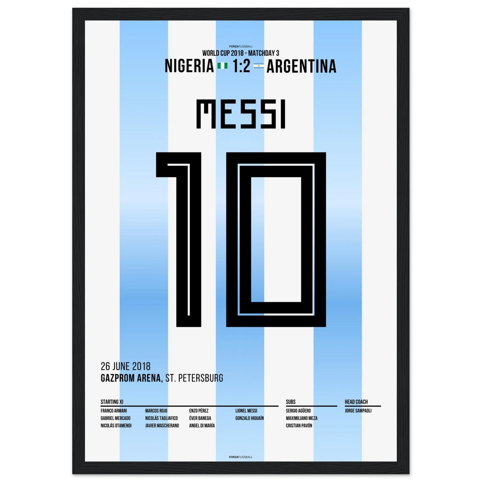 Messi'Traumtor zum Sieg gegen Nigeria bei der WM 2018 Fußball Poster mit Rahmen
