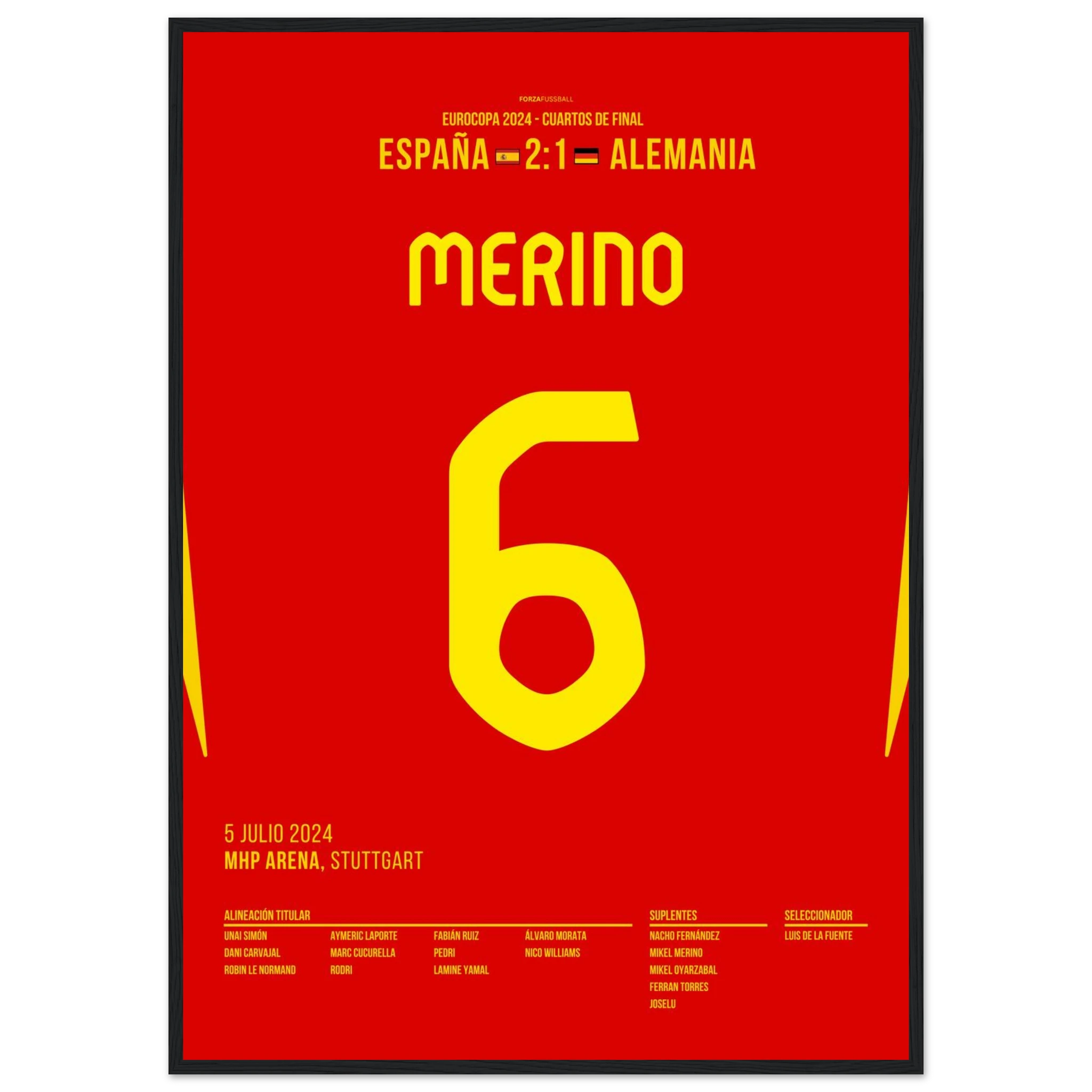 Merino köpft Spanien in letzter Minute zum Sieg gegen Deutschland Fußball Poster mit Rahmen