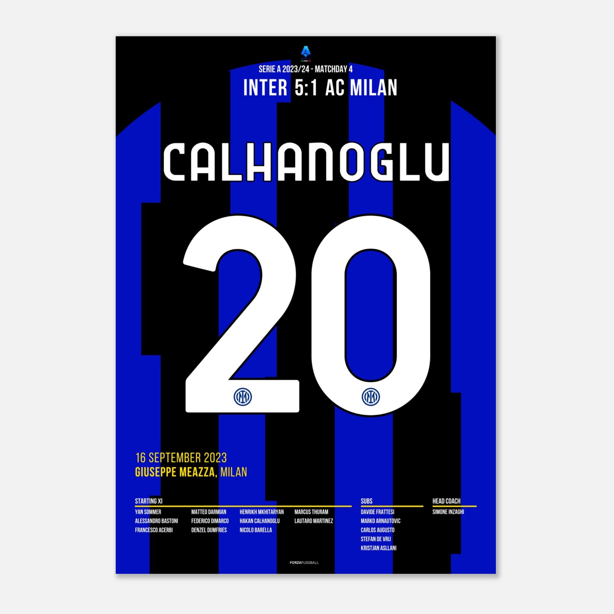 Hakan Calhanoglu trifft gegen seinen Ex Club im Derby Fußball Poster mit Rahmen