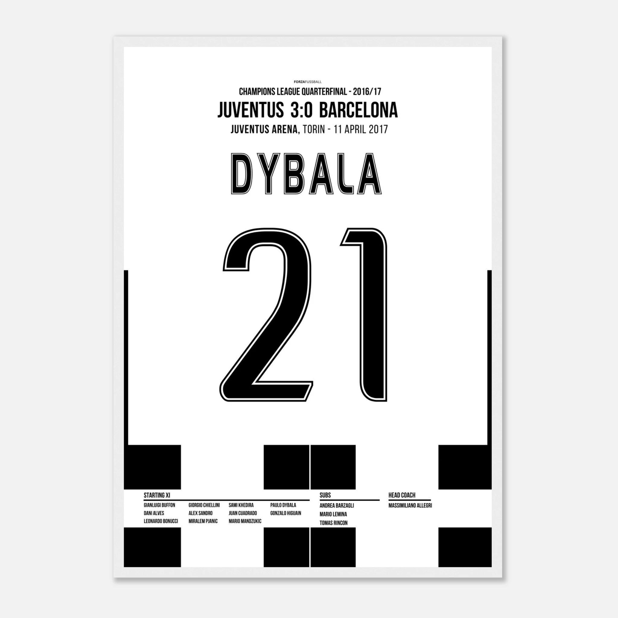 Paulo Dybala schaltet Barca mit 2 Toren aus Fußball Poster mit Rahmen