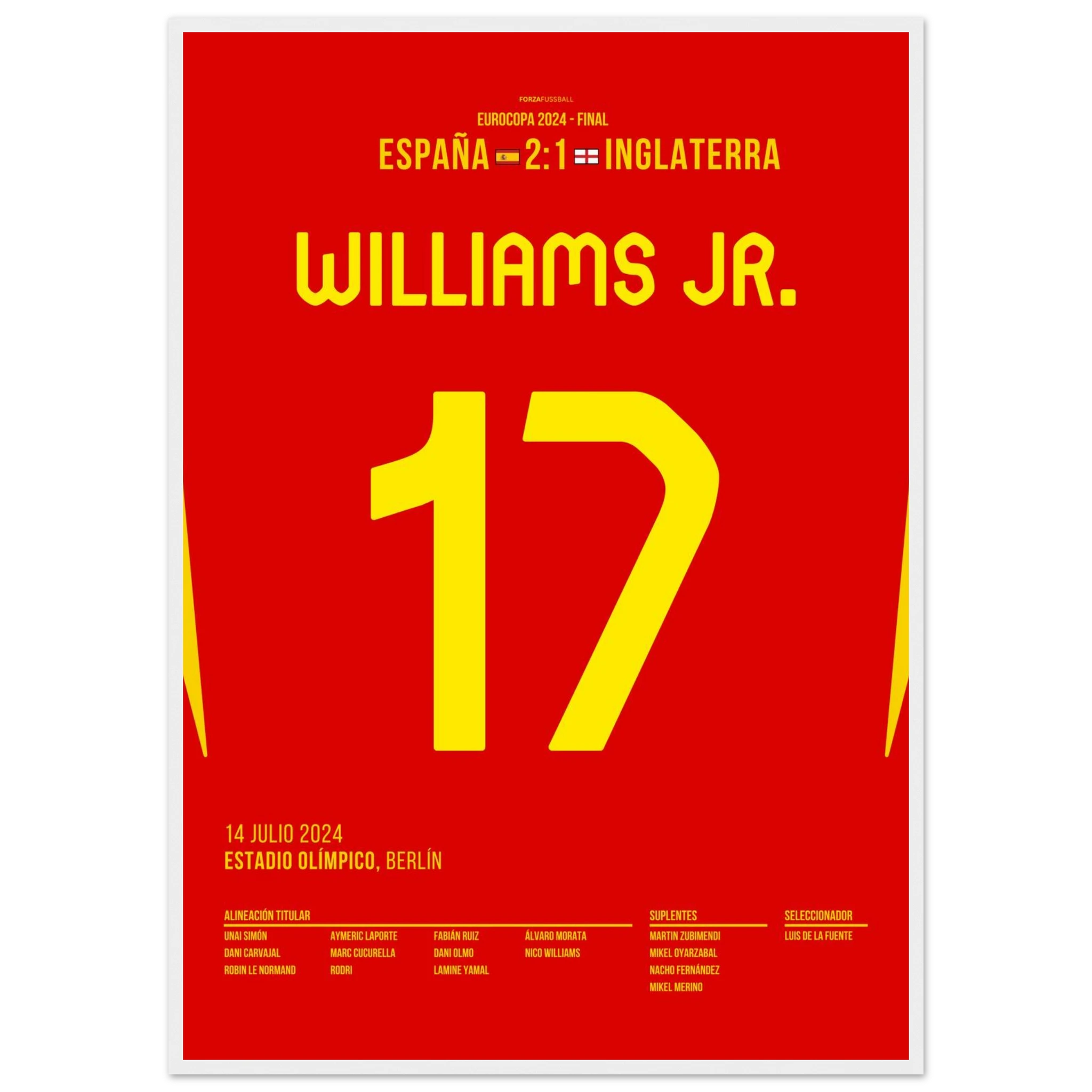 Nico Williams schießt Spanien Richtung EM Titel Fußball Poster mit Rahmen