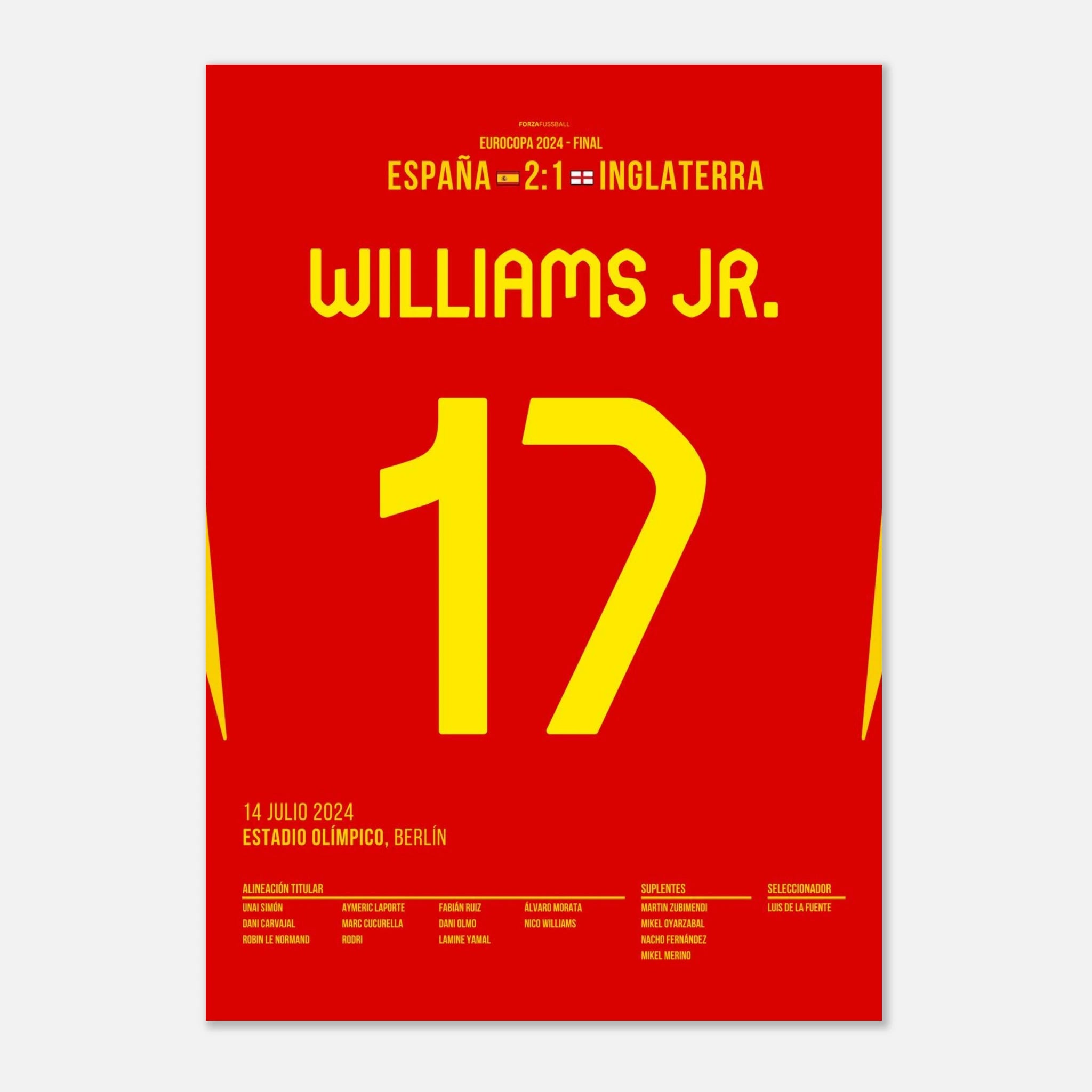 Nico Williams schießt Spanien Richtung EM Titel Fußball Poster mit Rahmen