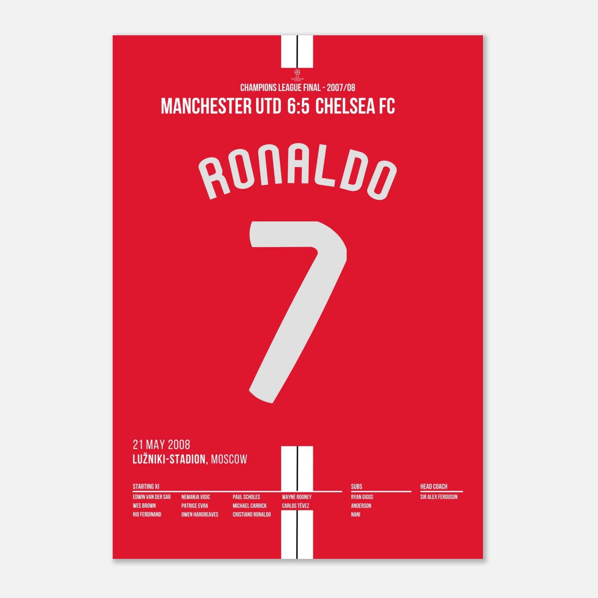 Ronaldo köpft Man United Richtung CL Titel gegen Chelsea Fußball Poster mit Rahmen
