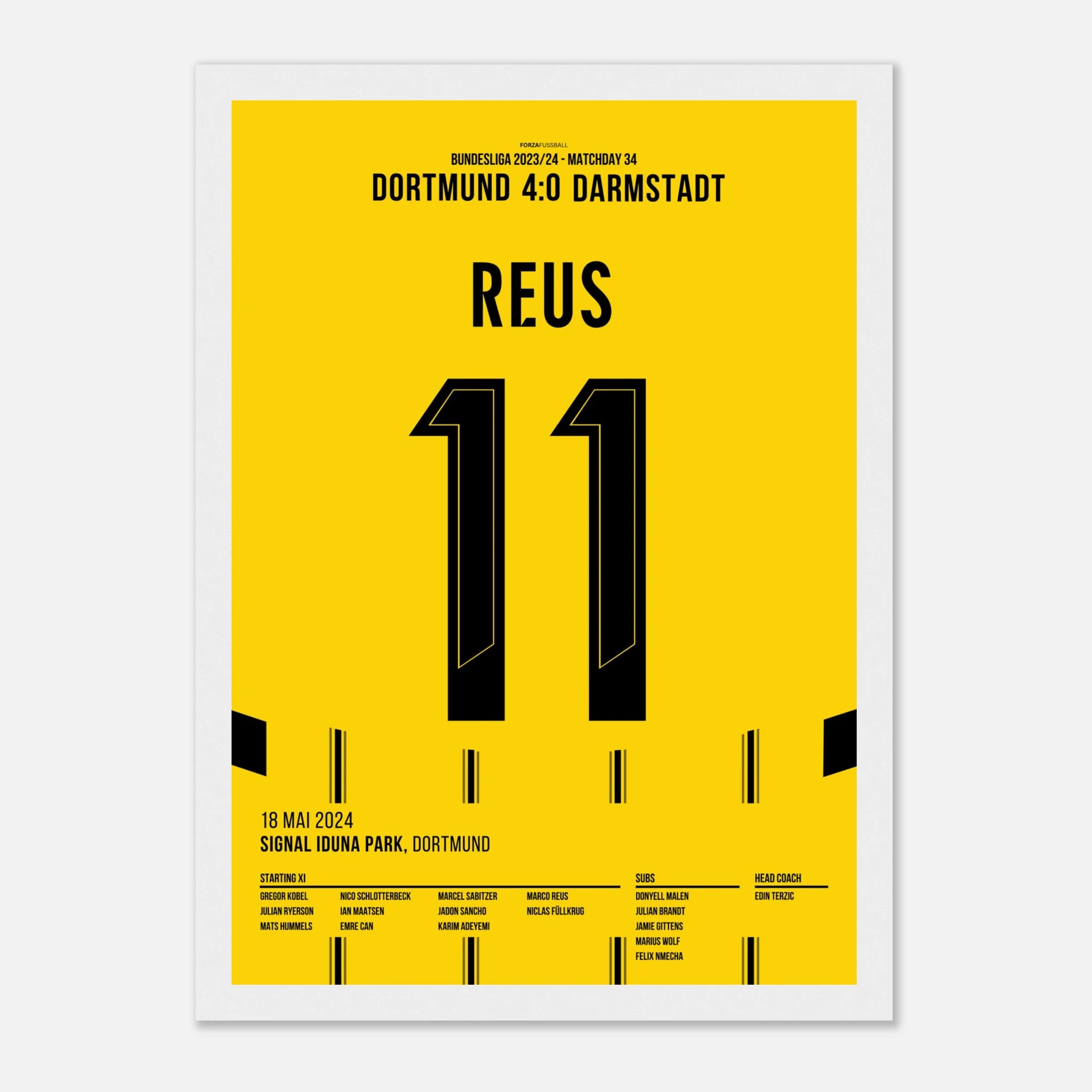 Marco Reus trifft per Freistoß im letzten Heimspiel für den BVB Fußball Poster mit Rahmen