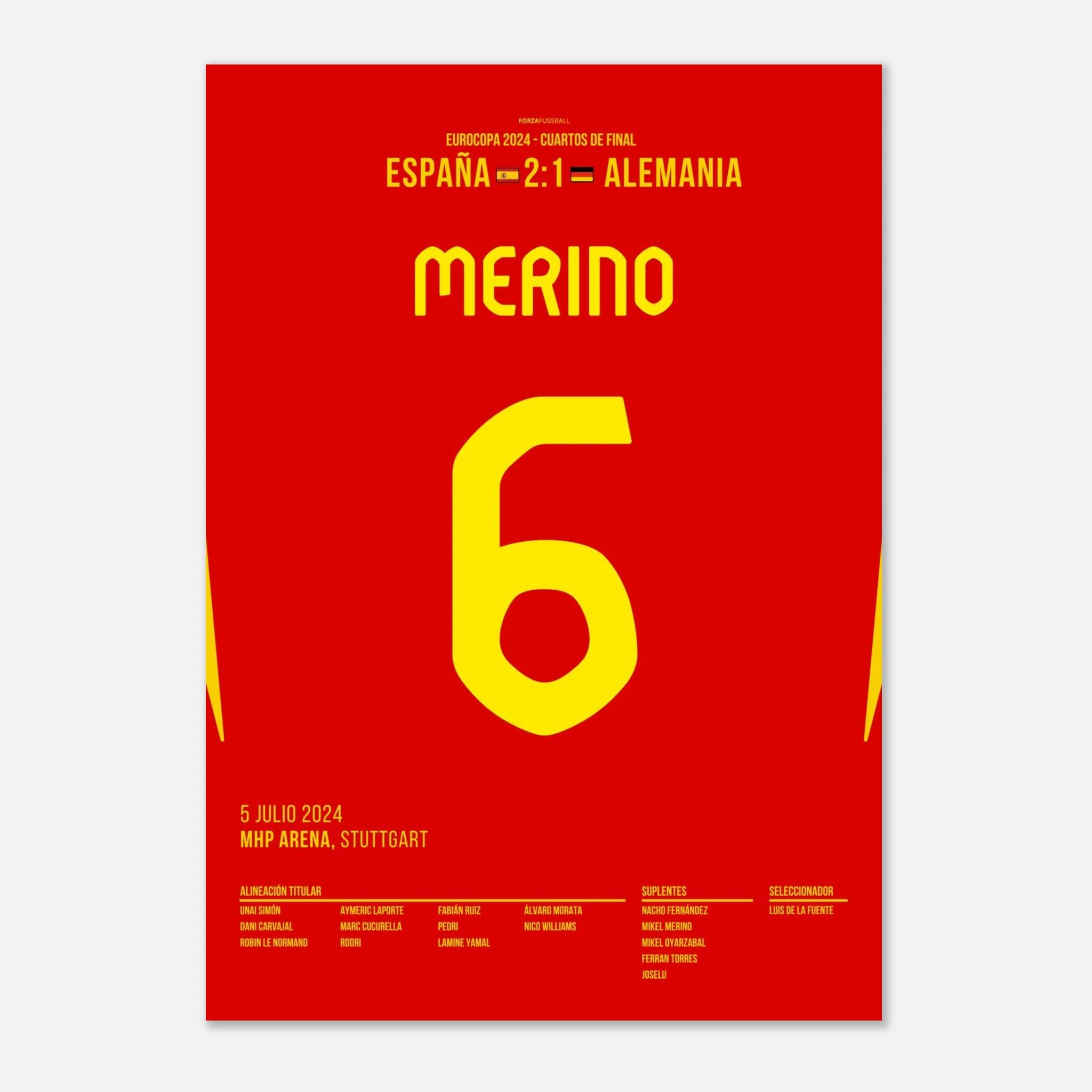 Merino köpft Spanien in letzter Minute zum Sieg gegen Deutschland Fußball Poster mit Rahmen