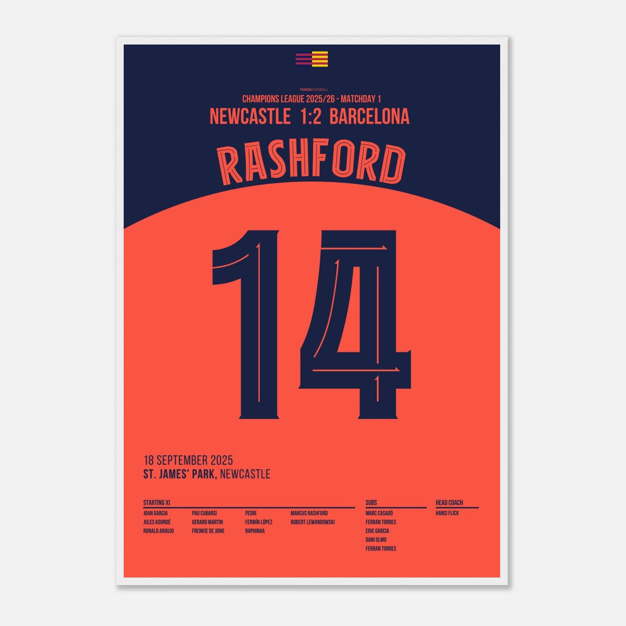 Rashford führt Barca mit Traumtor zum Sieg in Newcastle Fußball Poster mit Rahmen