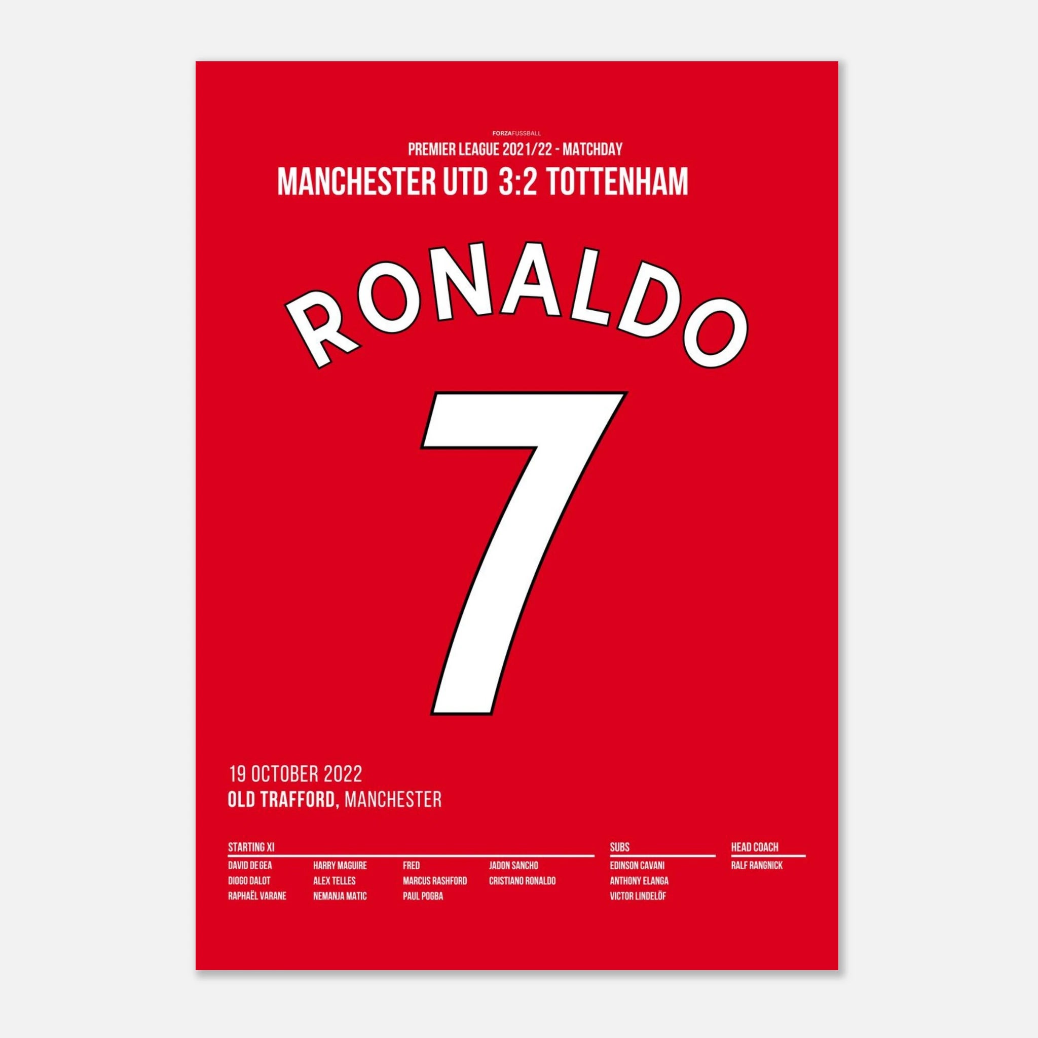 Ronaldo rettet ManU per Hattrick gegen Tottenham Fußball Poster mit Rahmen