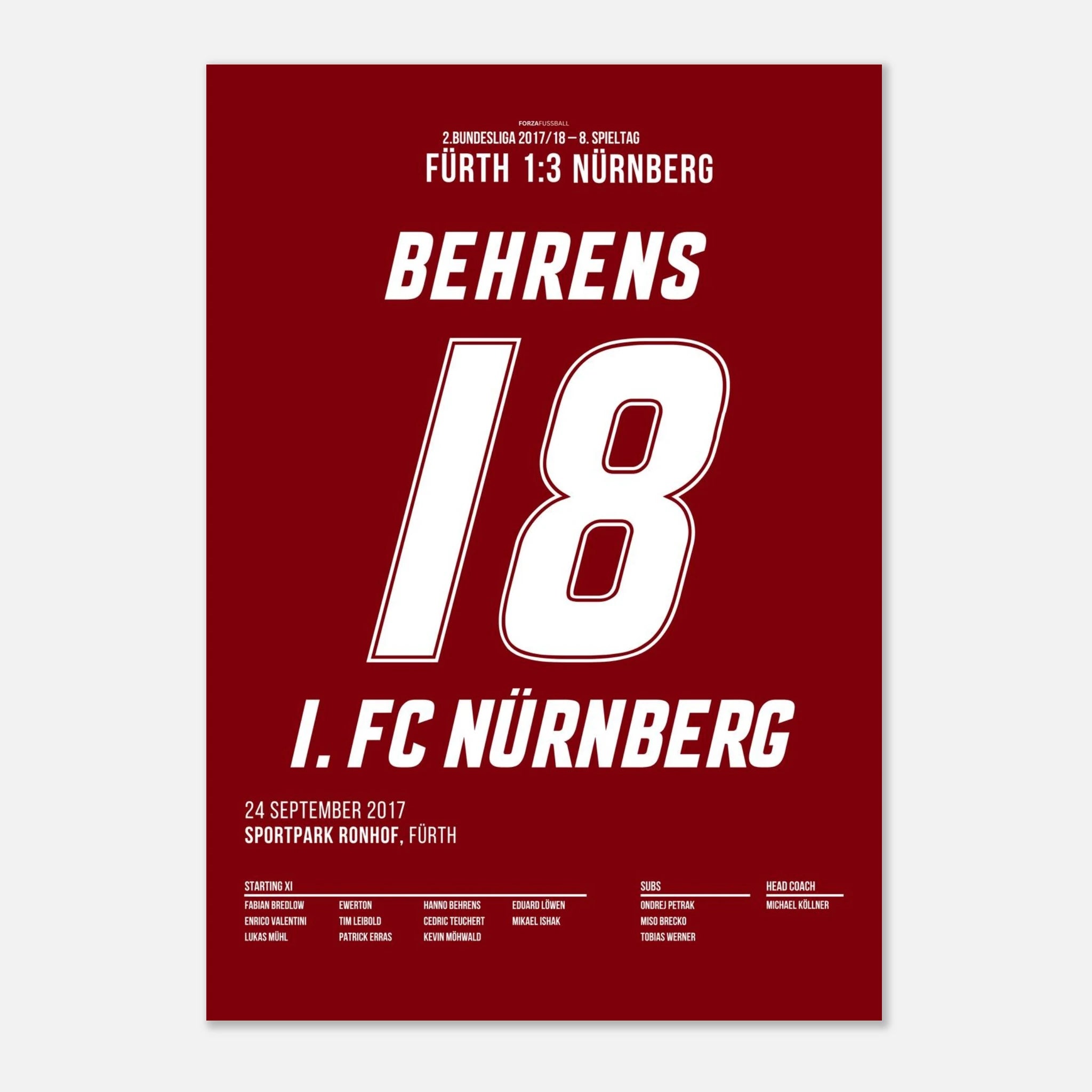 Hanno Behrens besiegelt den Derbysieg in Fürth Fußball Poster mit Rahmen