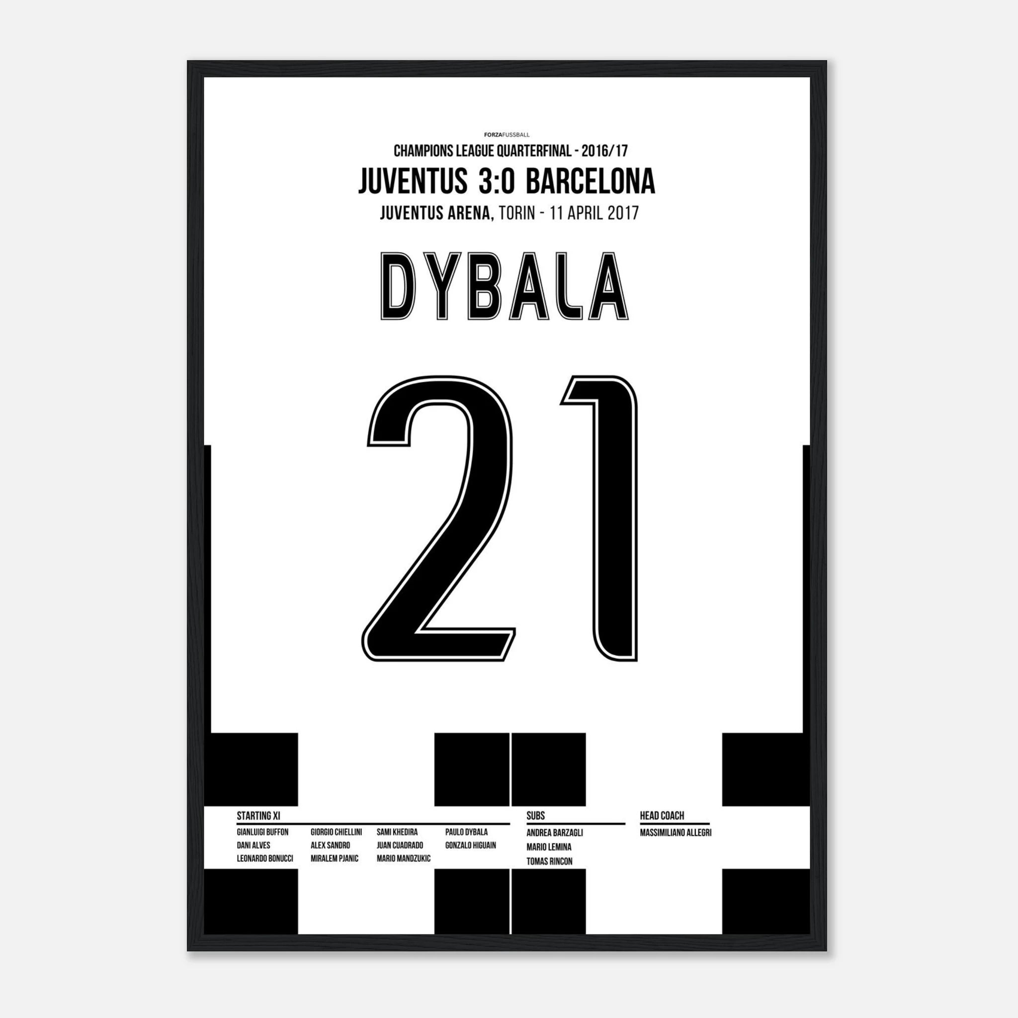 Paulo Dybala schaltet Barca mit 2 Toren aus Fußball Poster mit Rahmen