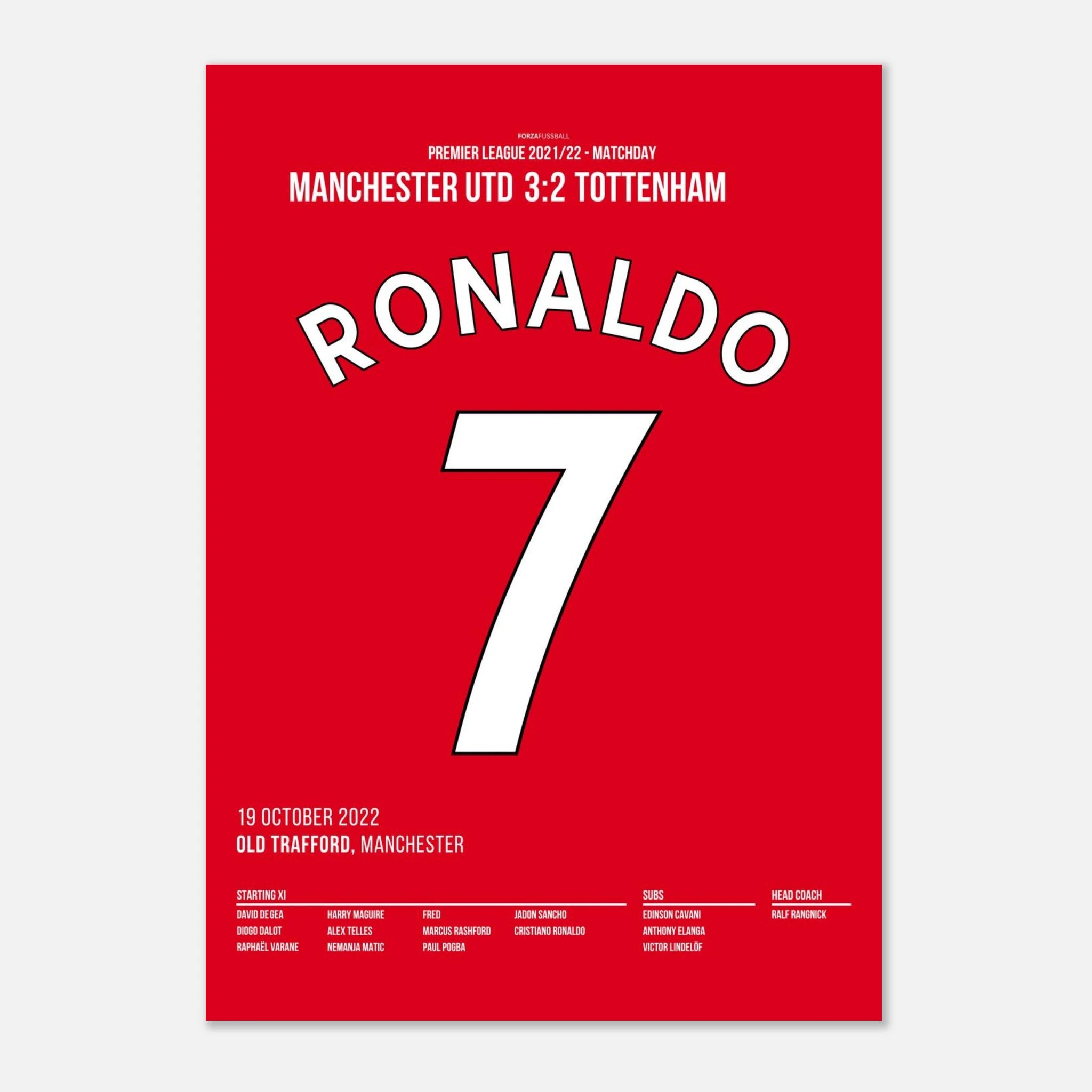 Ronaldo rettet ManU per Hattrick gegen Tottenham Fußball Poster mit Rahmen