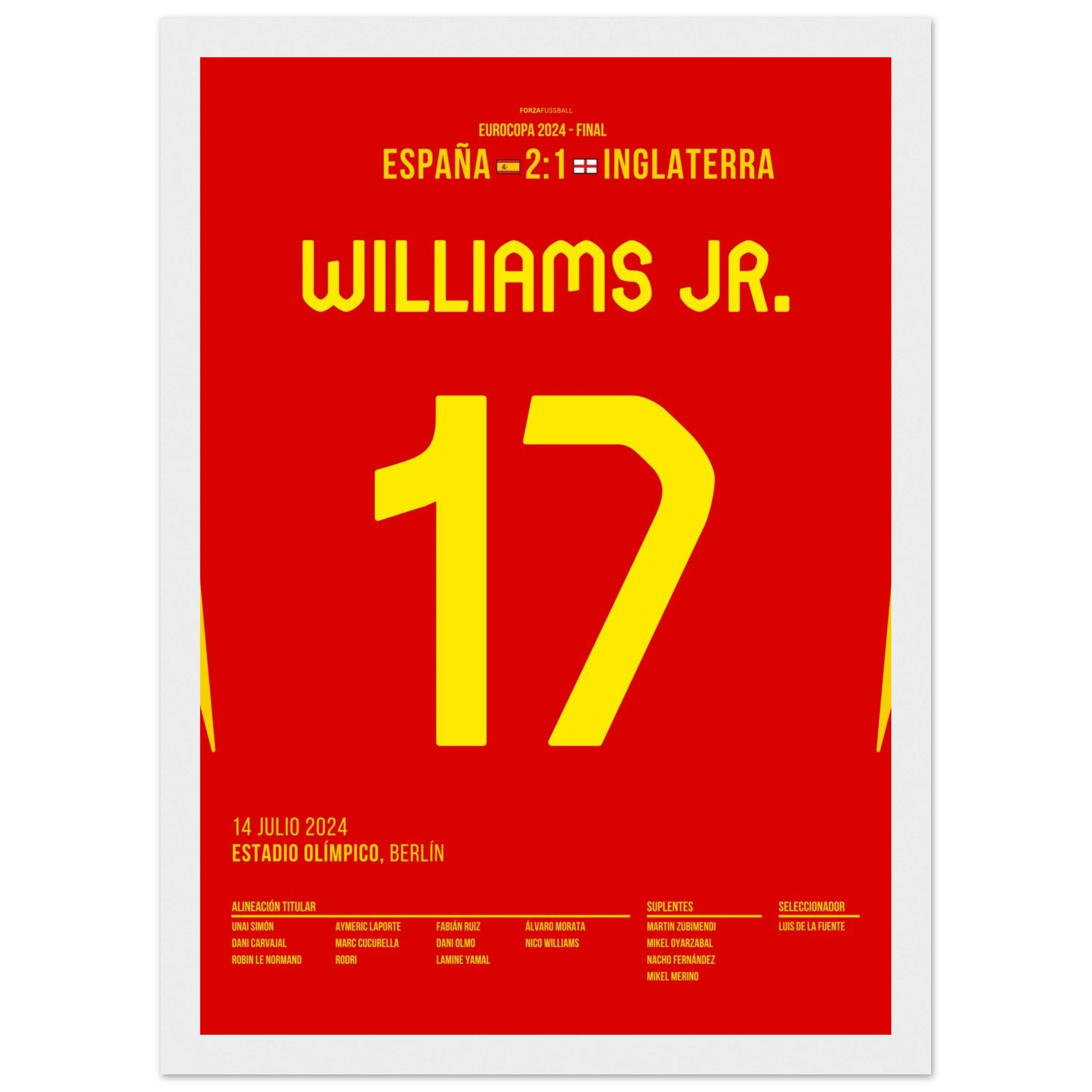 Nico Williams schießt Spanien Richtung EM Titel Fußball Poster mit Rahmen