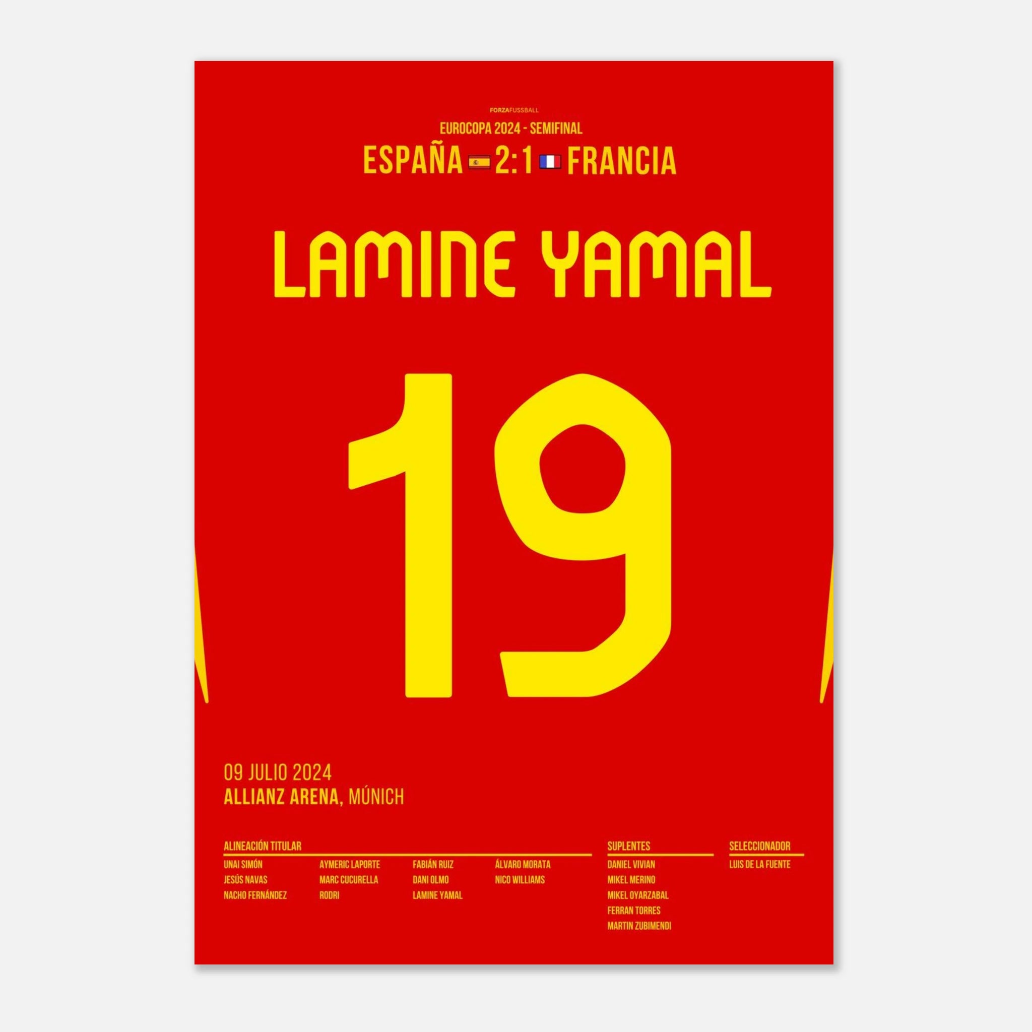 Yamal mit Traumtor gegen Frankreich im EM Halbfinale 2024 Fußball Poster mit Rahmen