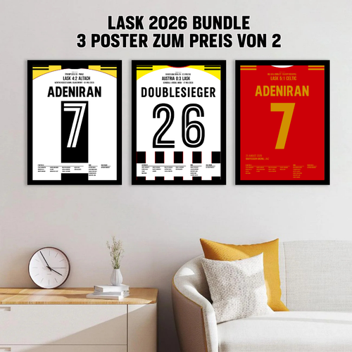 LASK History 2026 Bundle – drei Poster im schwarzen Rahmen im Wohnzimmer