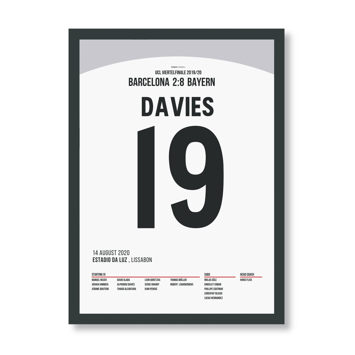 Alphonso Davies tanzt mit Barca´s Abwehr und assistiert Kimmich Fußball Poster mit Rahmen