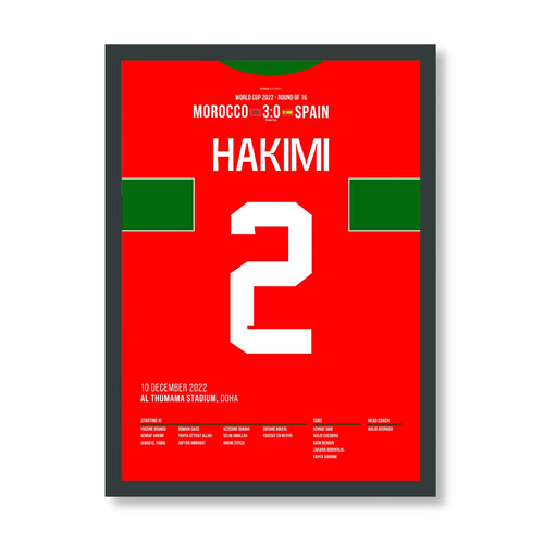 Hakimi mit Panenka! Marokko schlägt Spanien im Elfmeterschießen Fußball Poster mit Rahmen