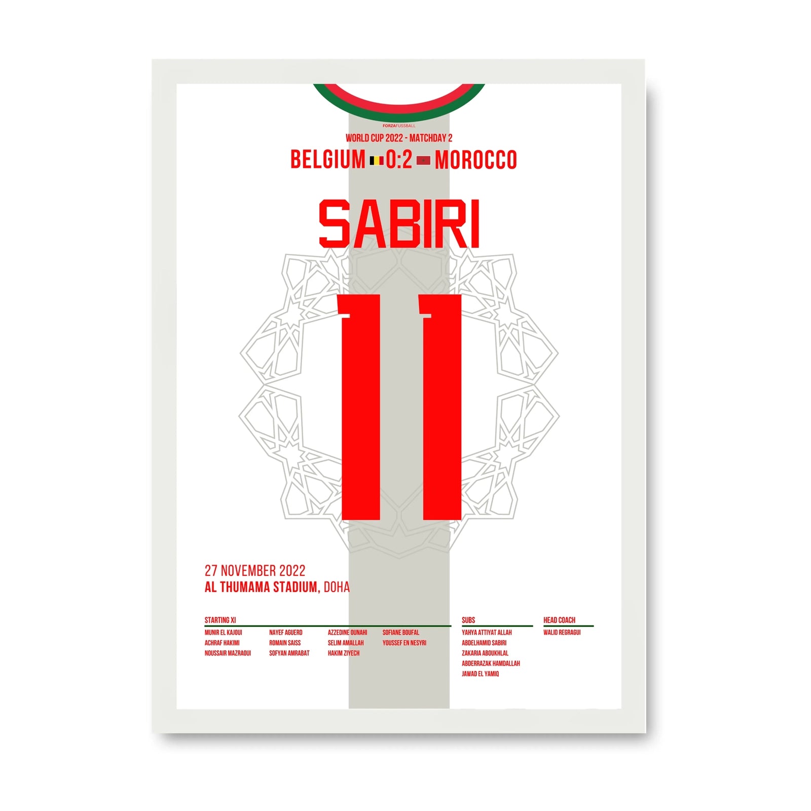 Sabiris Freistoß führt Marokko zum Sieg gegen Belgien Fußball Poster mit Rahmen