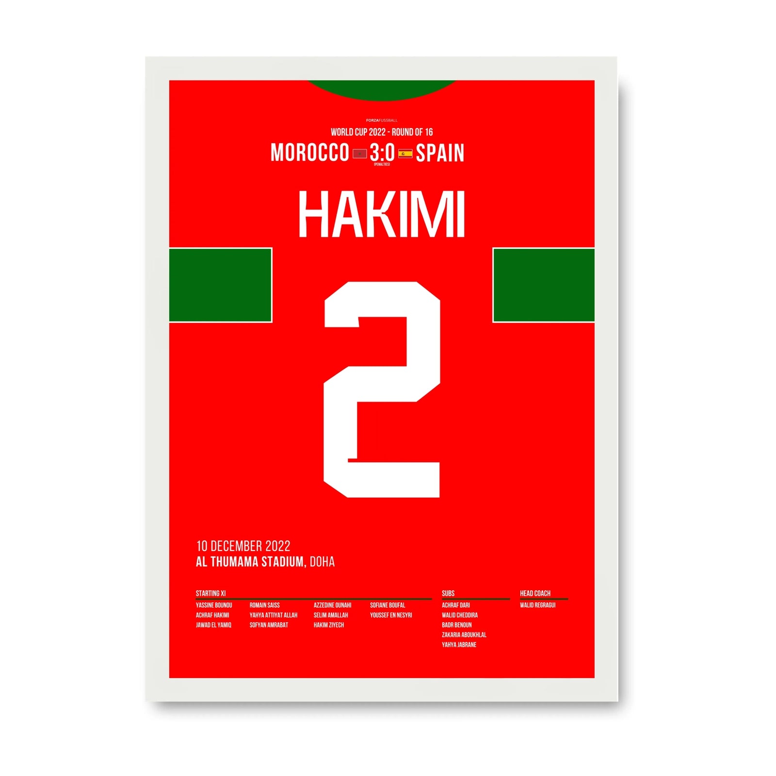 Hakimi mit Panenka! Marokko schlägt Spanien im Elfmeterschießen Fußball Poster mit Rahmen