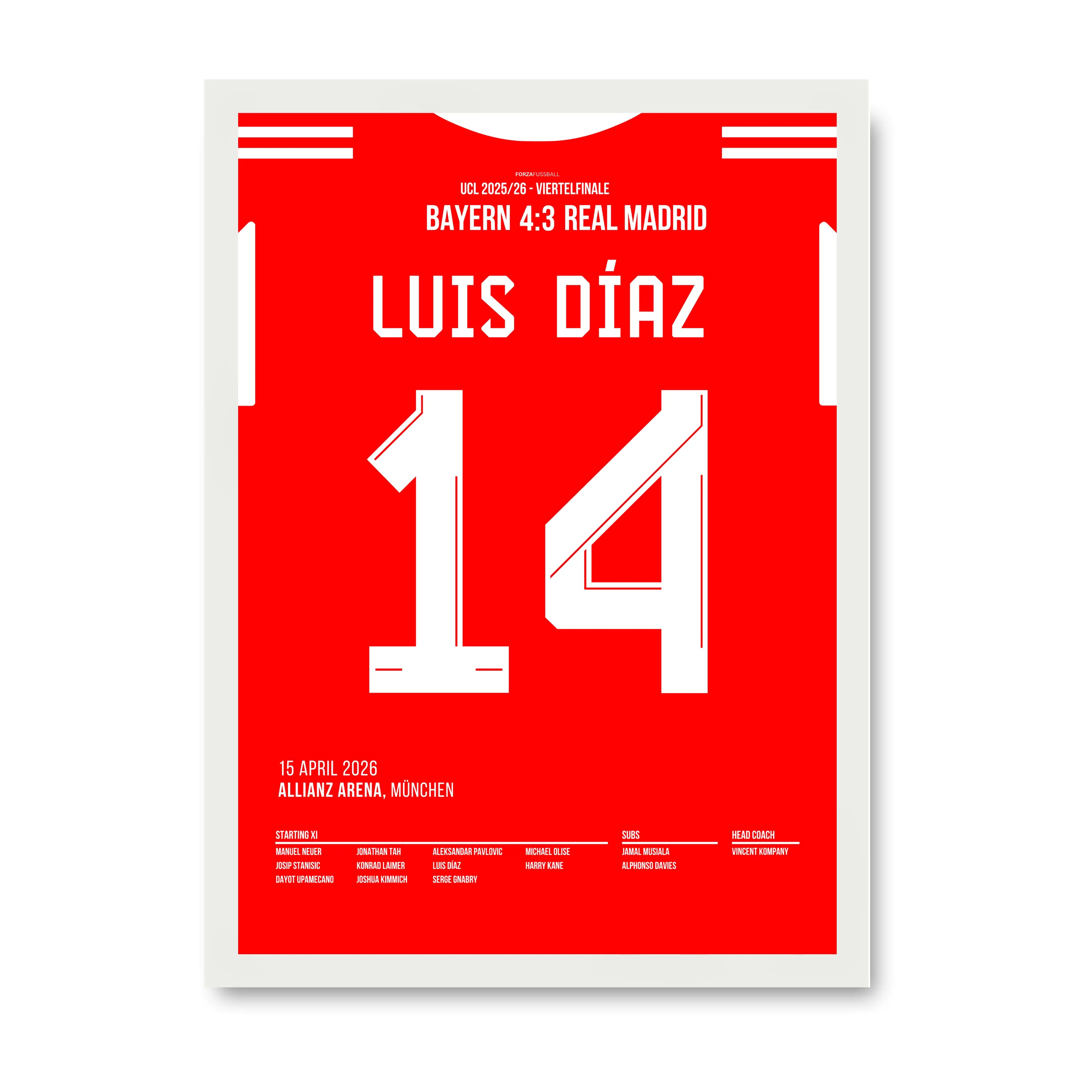 Luis Diaz wirft die Königlichen aus der UCL 25/26 Fußball Poster mit Rahmen