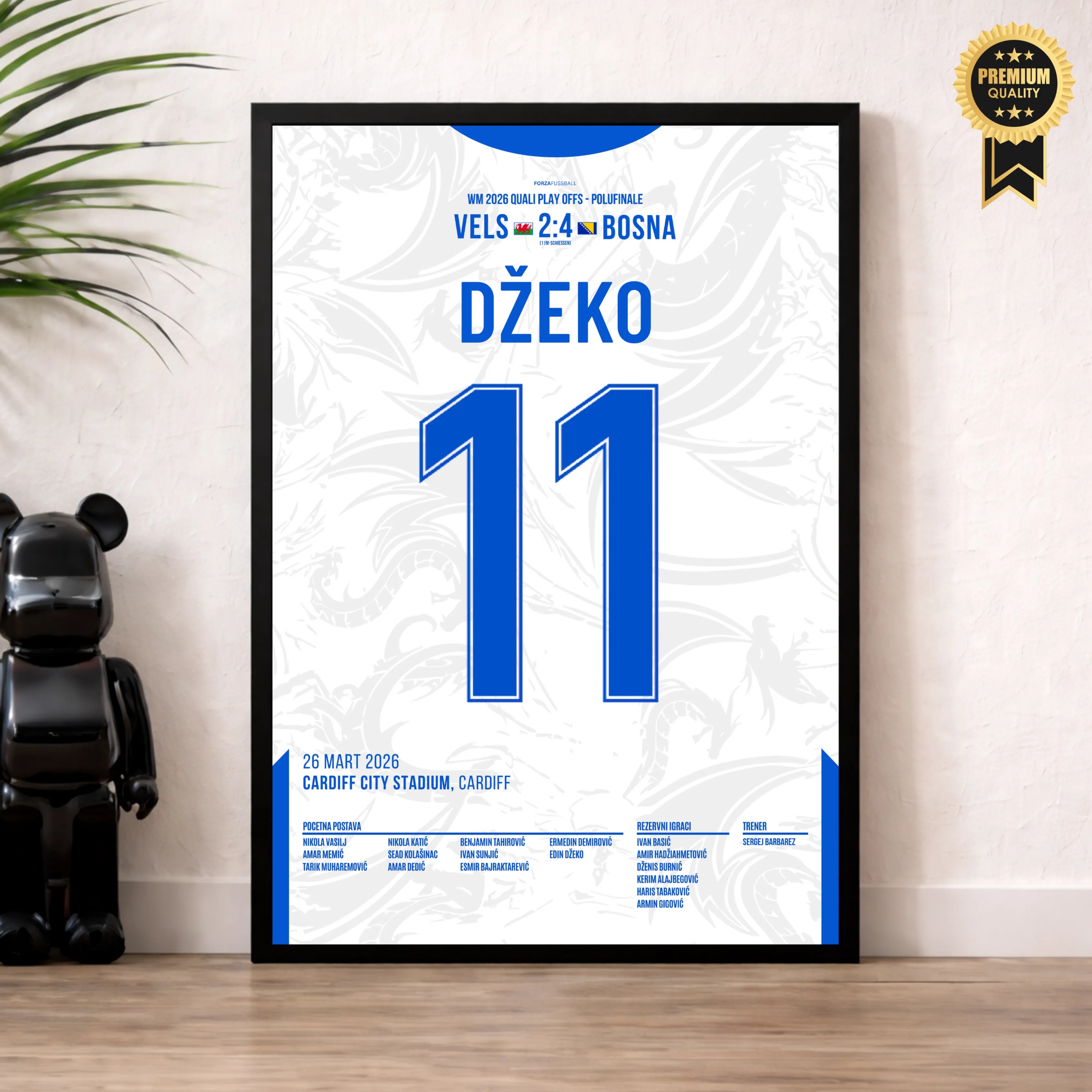Der ewige Edin Dzeko trifft gegen Wales in den WM Playoffs Fußball Poster mit Rahmen