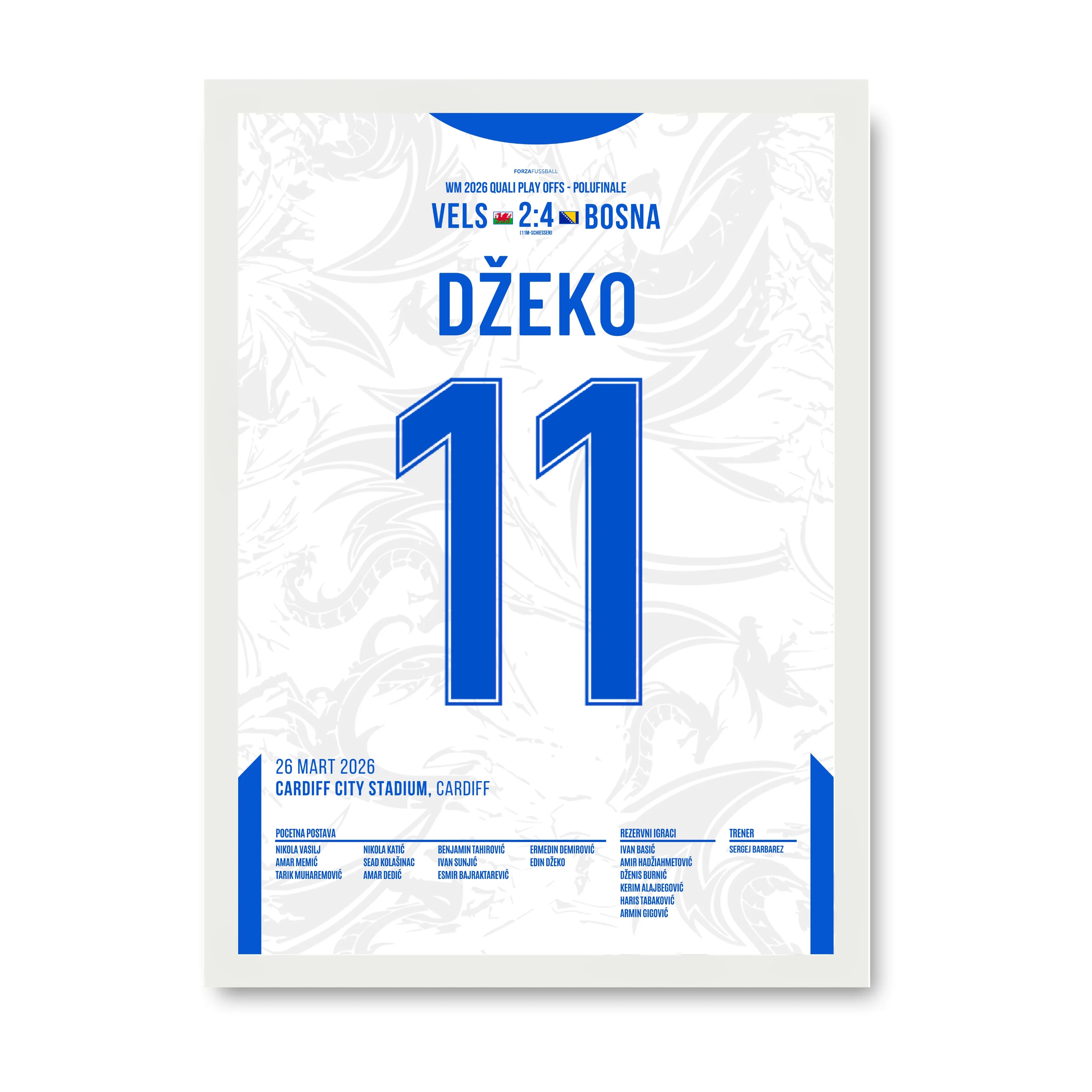 Der ewige Edin Dzeko trifft gegen Wales in den WM Playoffs Fußball Poster mit Rahmen