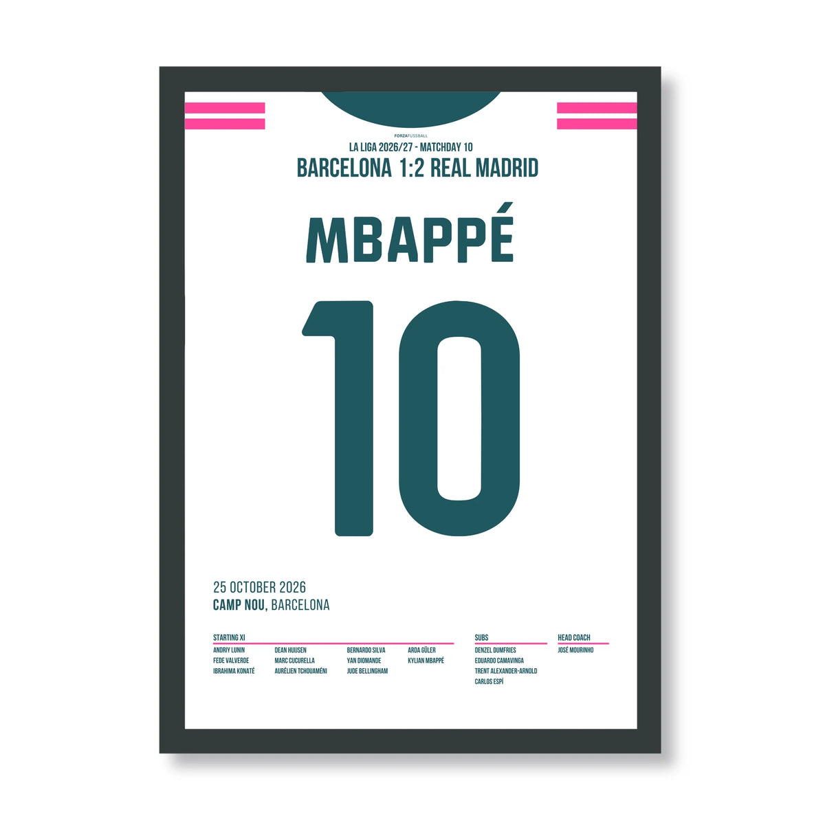 Mbappé Real Madrid Poster – 2:1 im Clásico bei Barca, schwarzer Rahmen