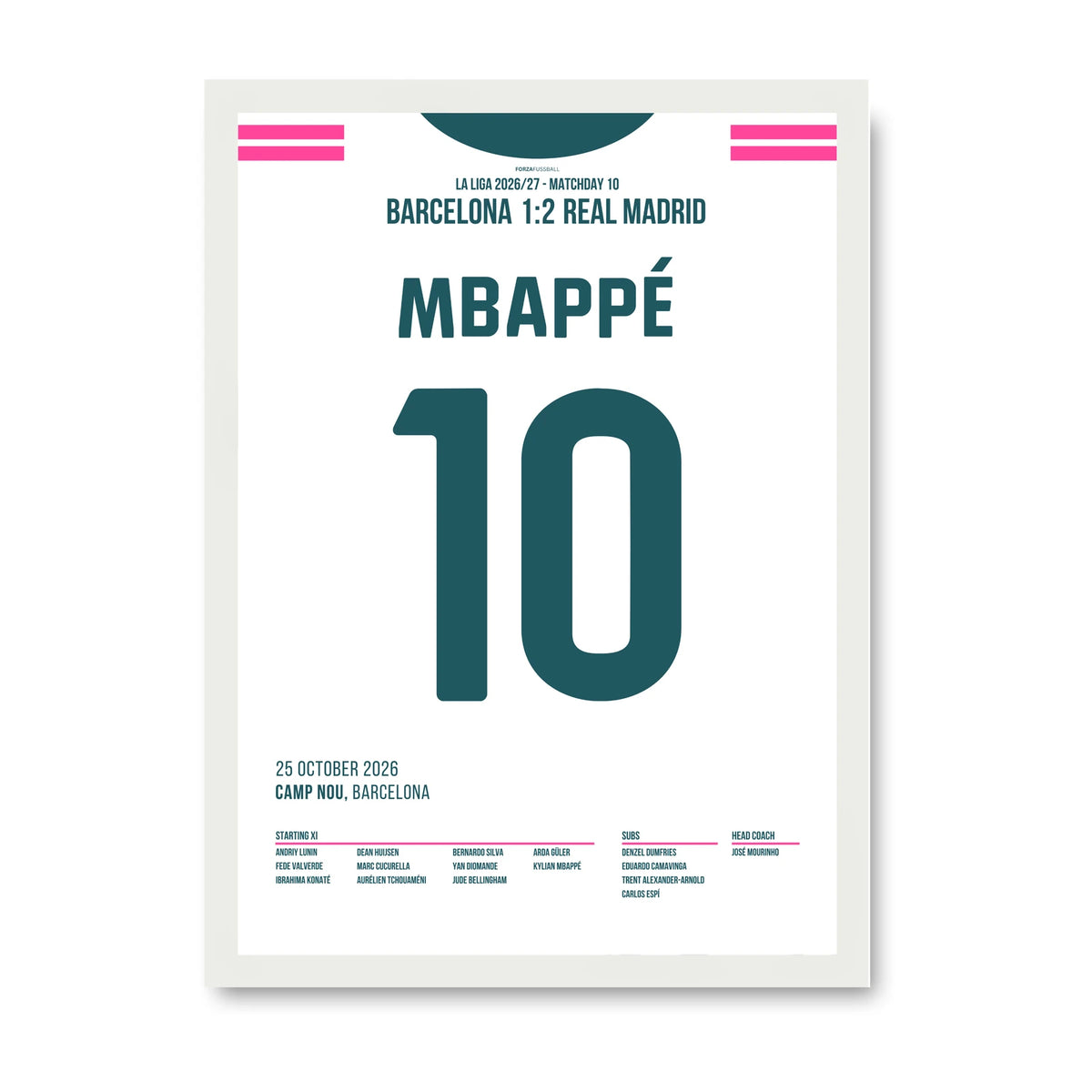 Mbappé Real Madrid Poster – 2:1 im Clásico bei Barca, weisser Rahmen
