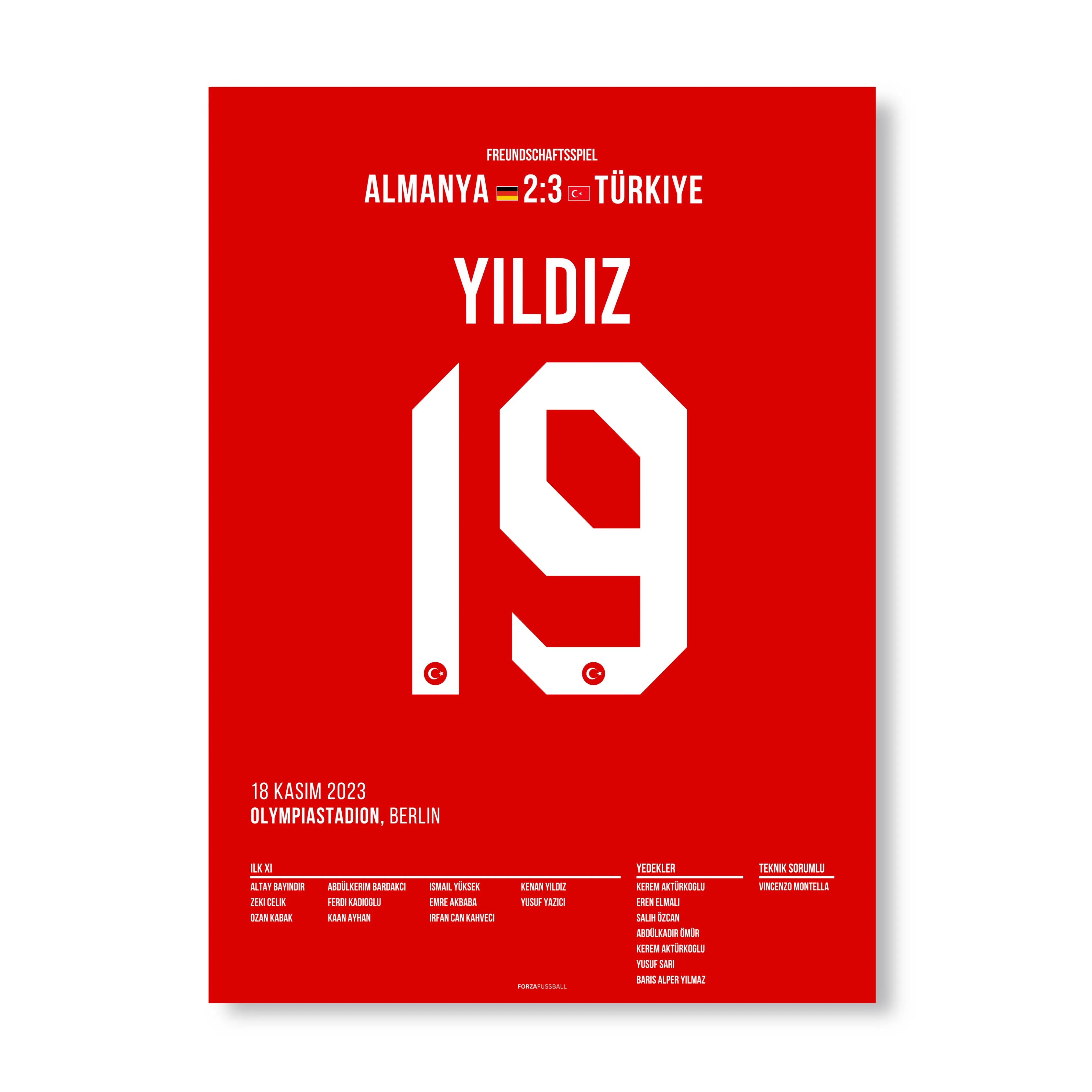 Kenan Yildiz knallt den Ball gegen Deutschland unter die Latte Fußball Poster mit Rahmen