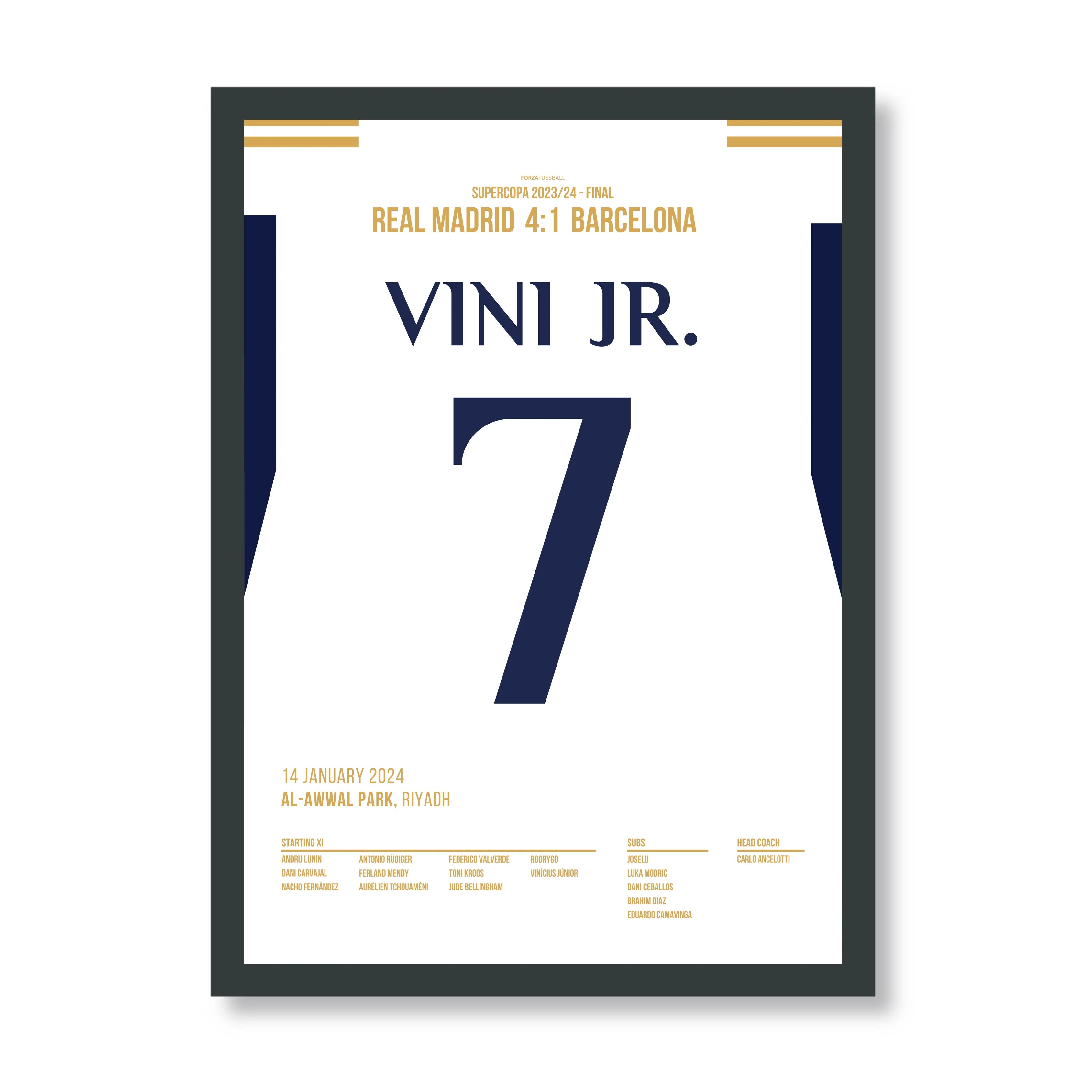 Vini Jr entscheidet den Supercup El Clasico per Hattrick Fußball Poster mit Rahmen