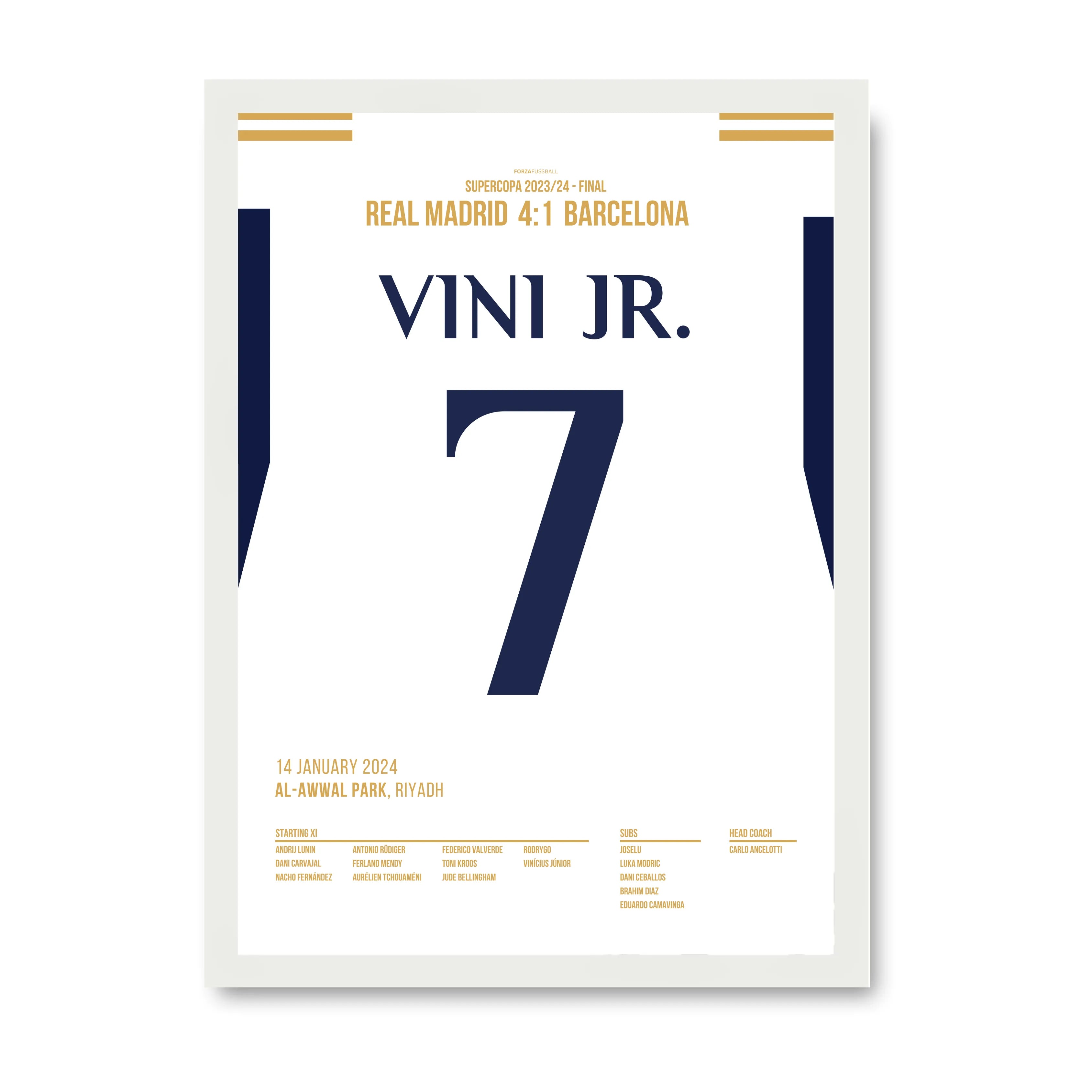 Vini Jr entscheidet den Supercup El Clasico per Hattrick Fußball Poster mit Rahmen