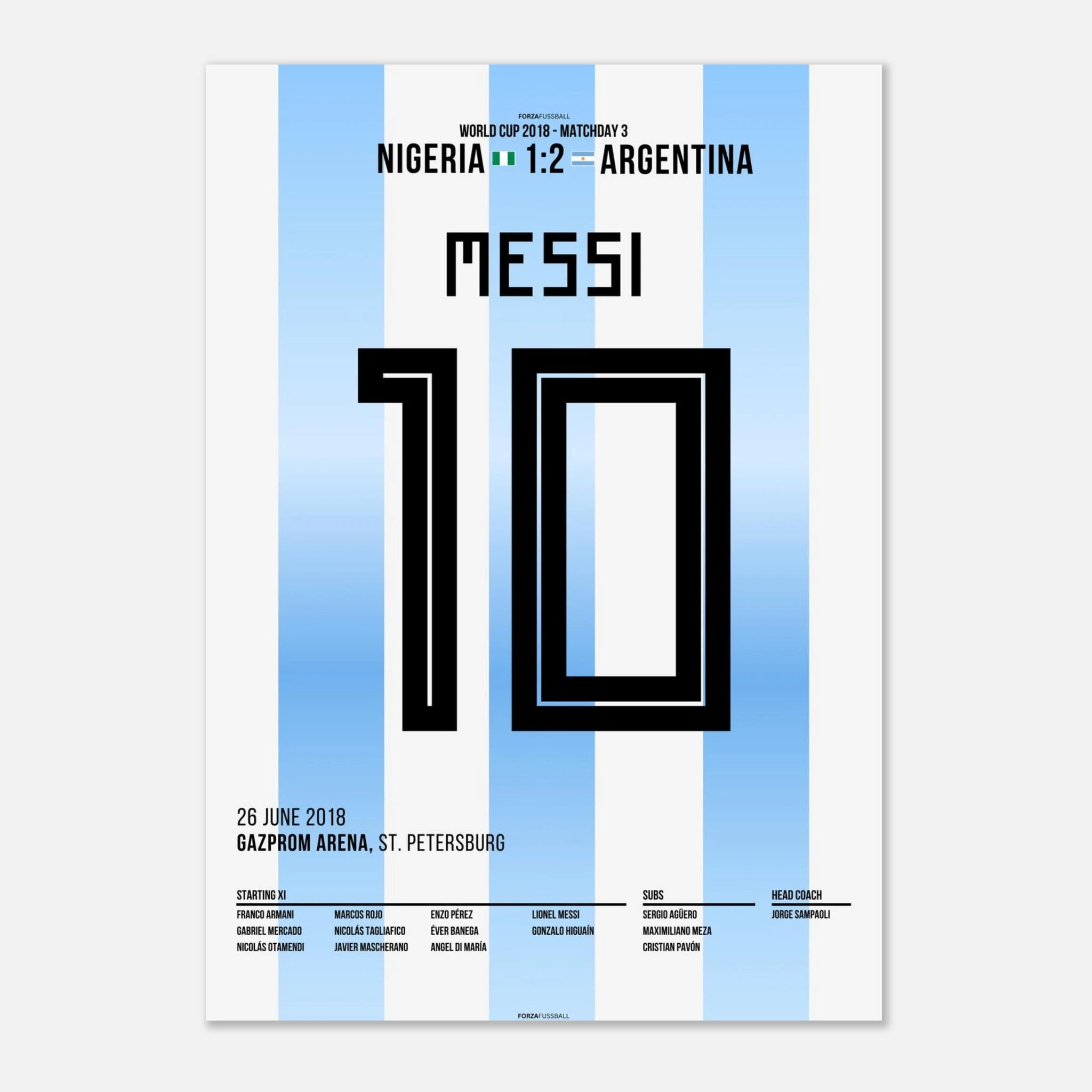 Messi'Traumtor zum Sieg gegen Nigeria bei der WM 2018 Fußball Poster mit Rahmen