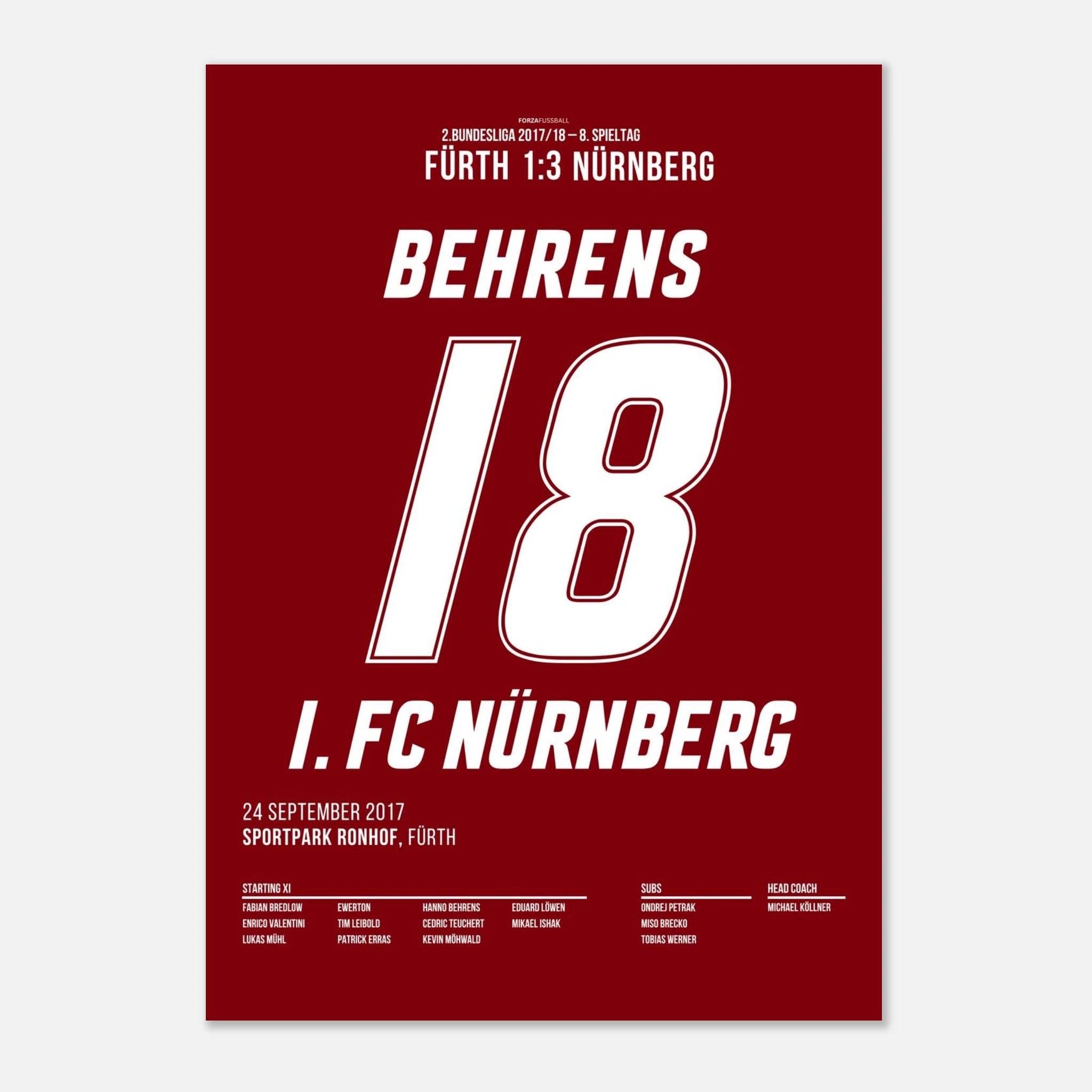 Hanno Behrens besiegelt den Derbysieg in Fürth Fußball Poster mit Rahmen
