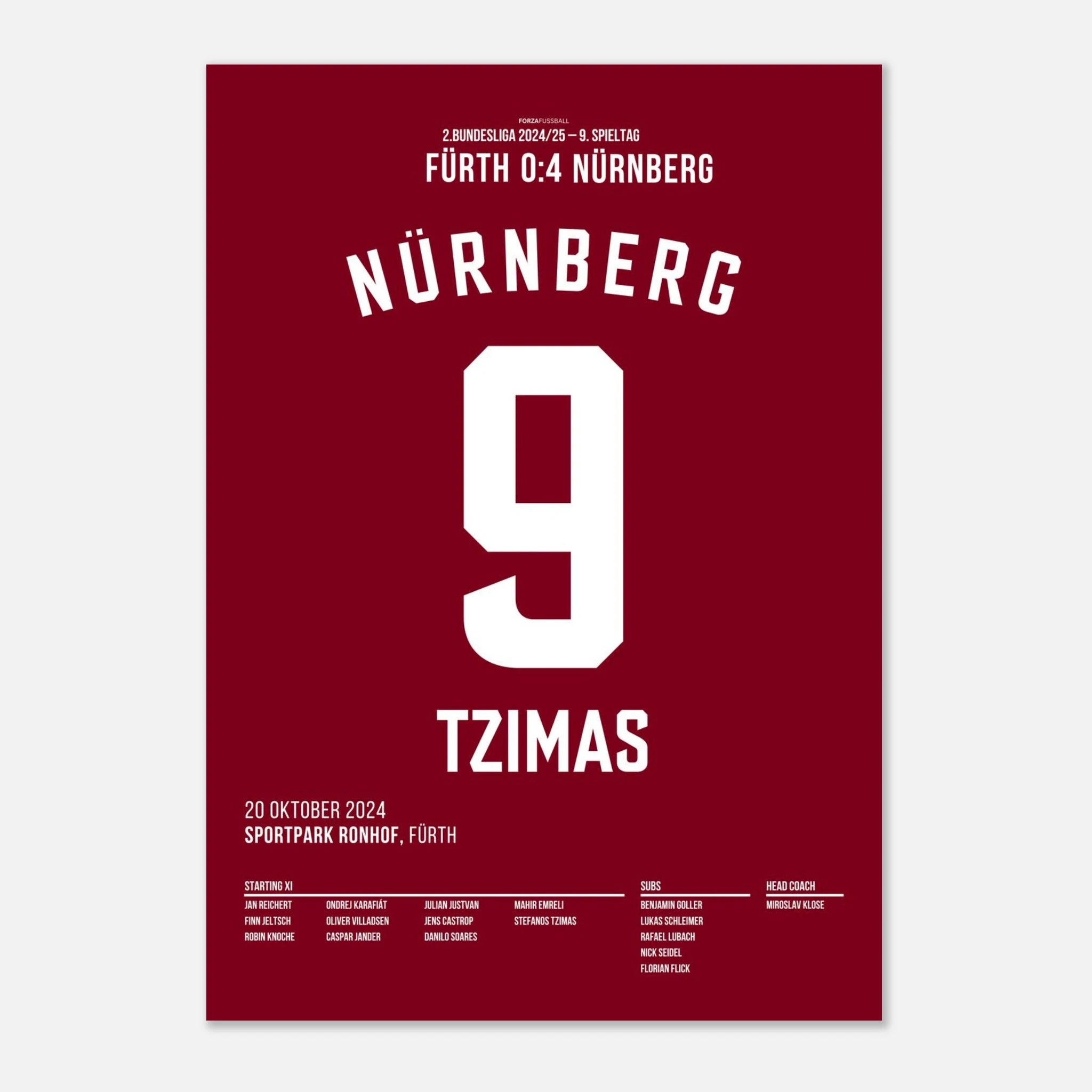Derbyheld Tzimas – Doppelpack beim 4:0 in Fürth Fußball Poster mit Rahmen