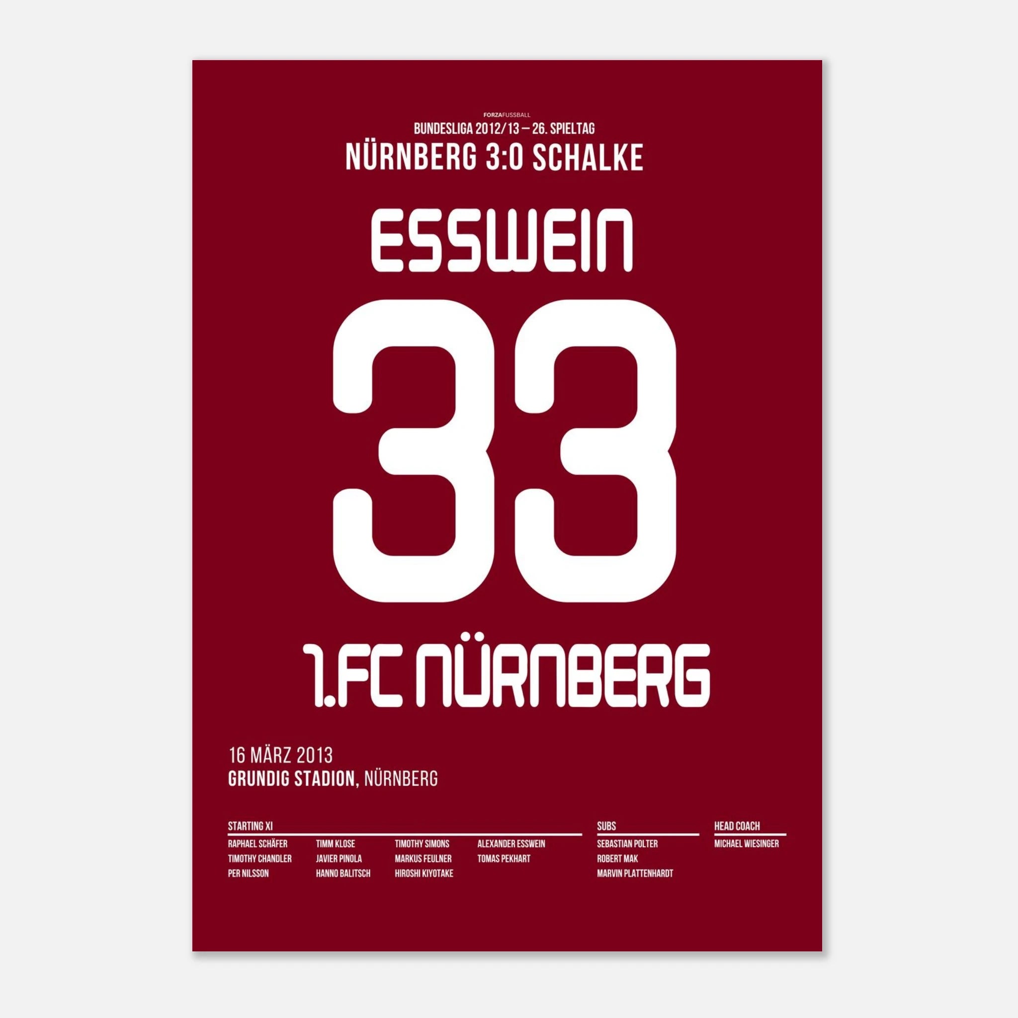 Esswein und der Club besiegen Schalke mit 3:0 Fußball Poster mit Rahmen