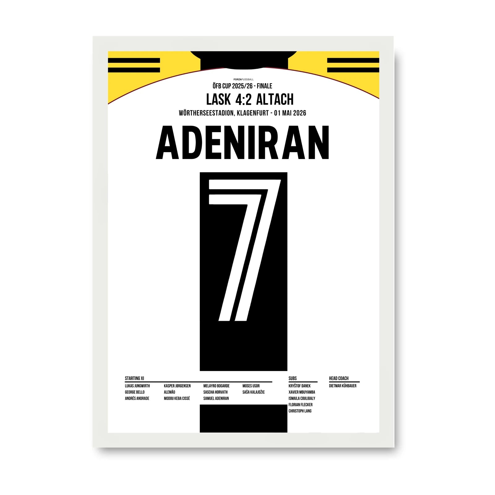 Adeniran LASK Poster – Cupsieg 4:2 gegen Altach, weisser Rahmen