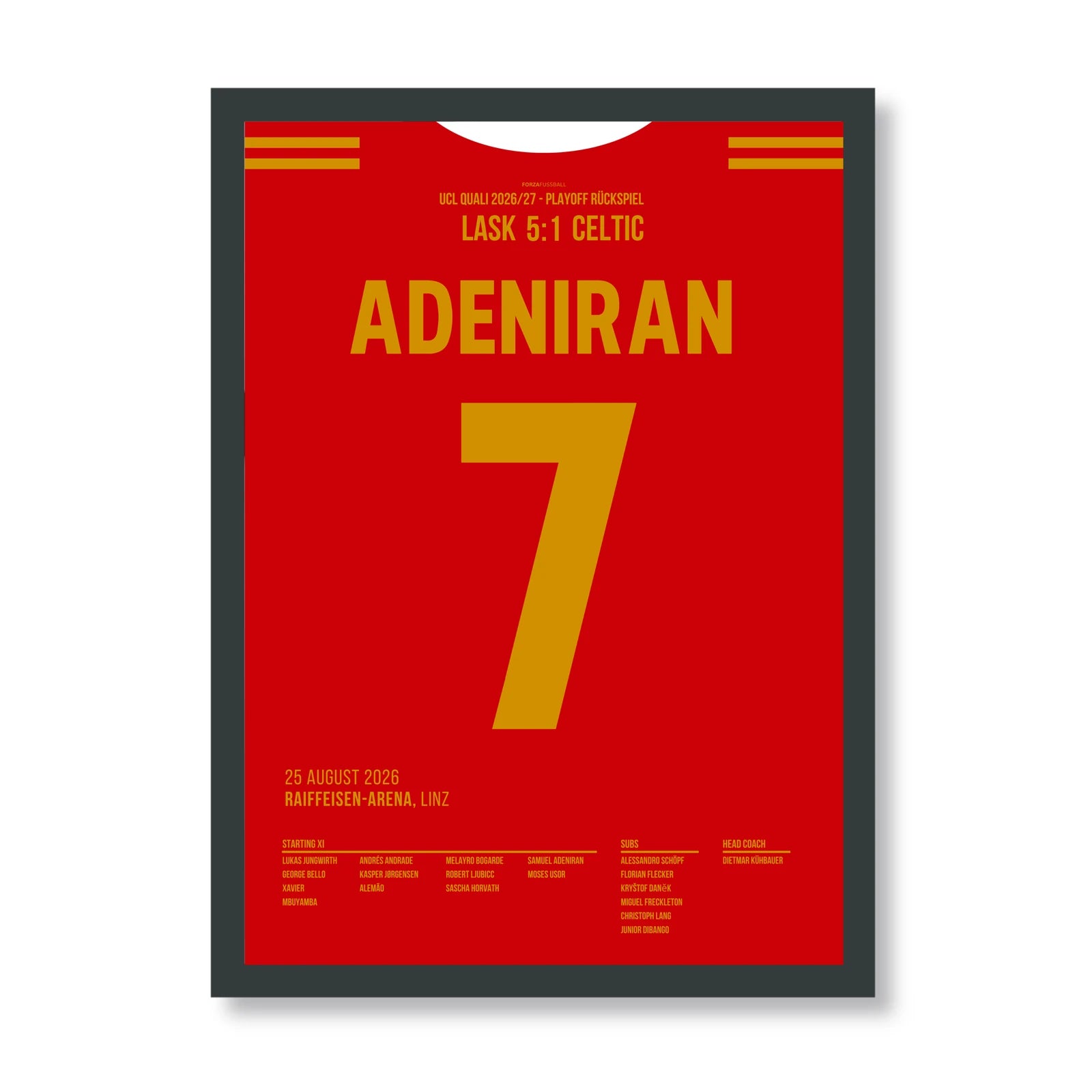 Adeniran LASK Poster – 5:1 gegen Celtic, schwarzer Rahmen
