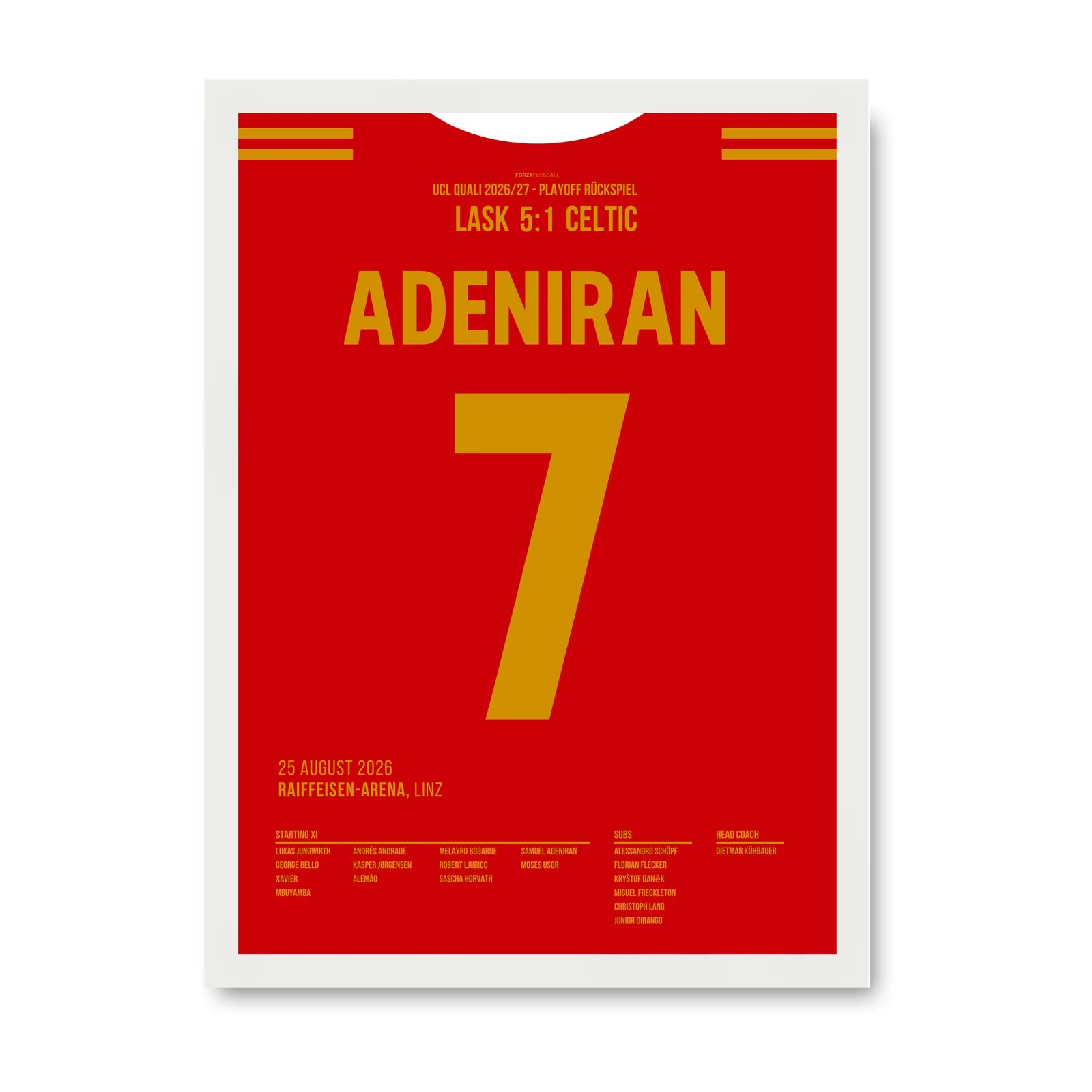 Adeniran LASK Poster – 5:1 gegen Celtic, weisser Rahmen